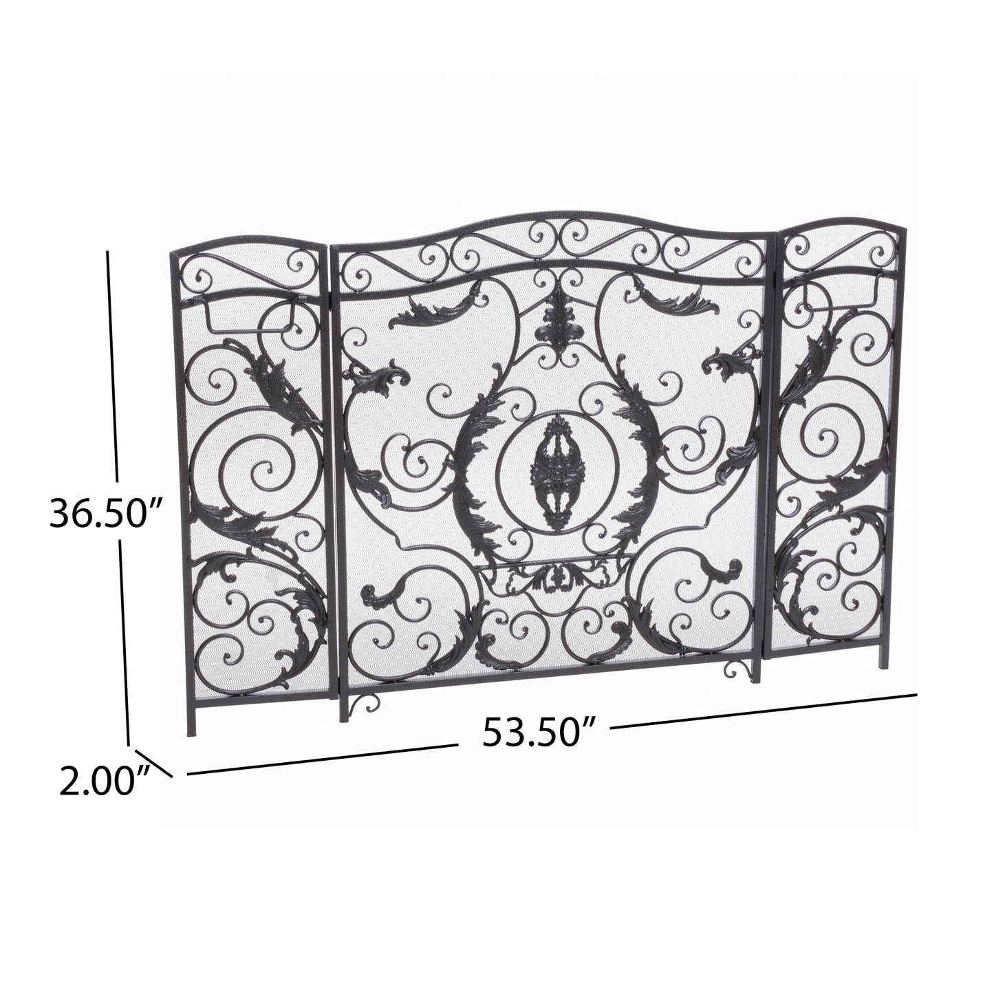 Black wrought iron fireplace screen with ornate scrollwork and leaf motifs