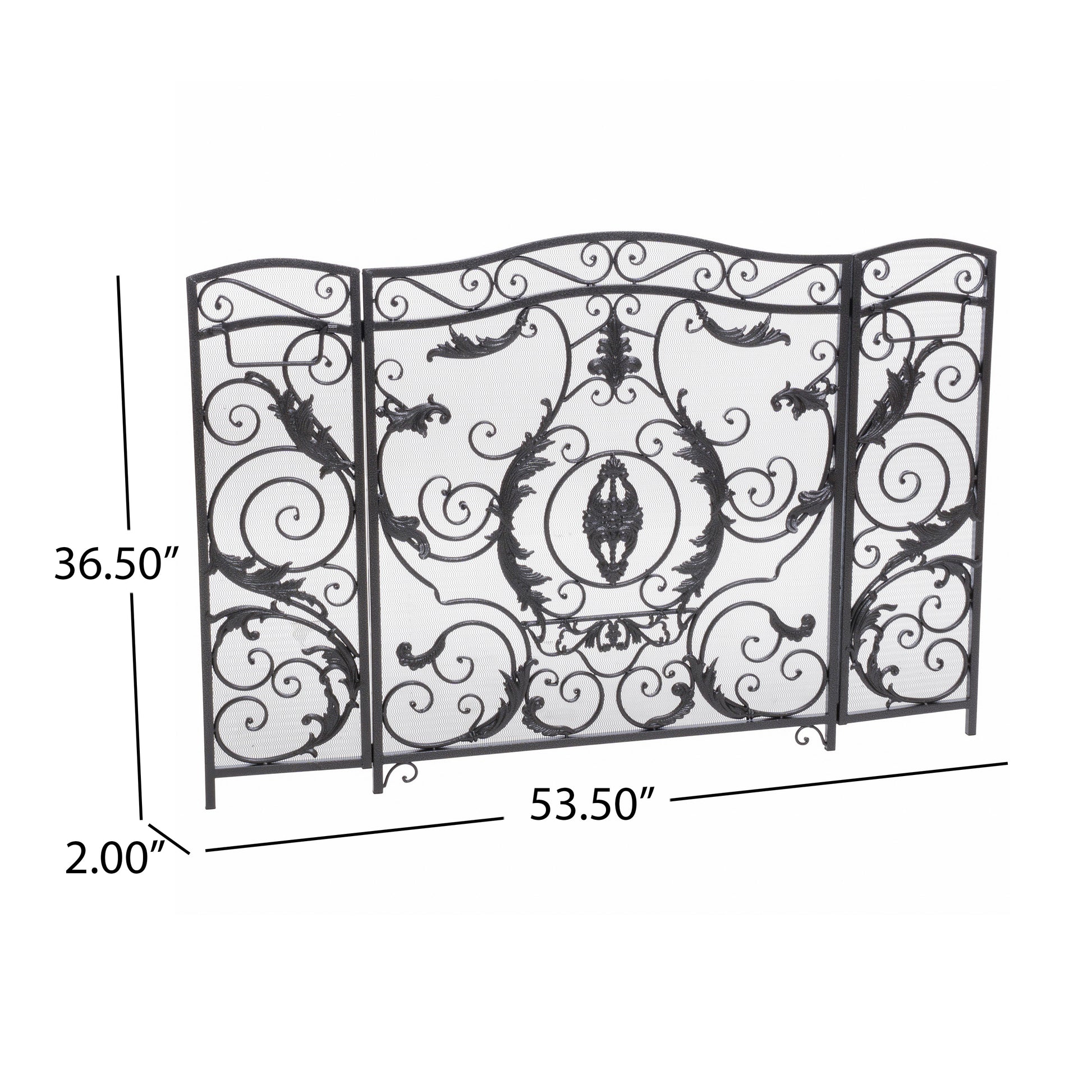 Black wrought iron fireplace screen with ornate scrollwork and leaf motifs