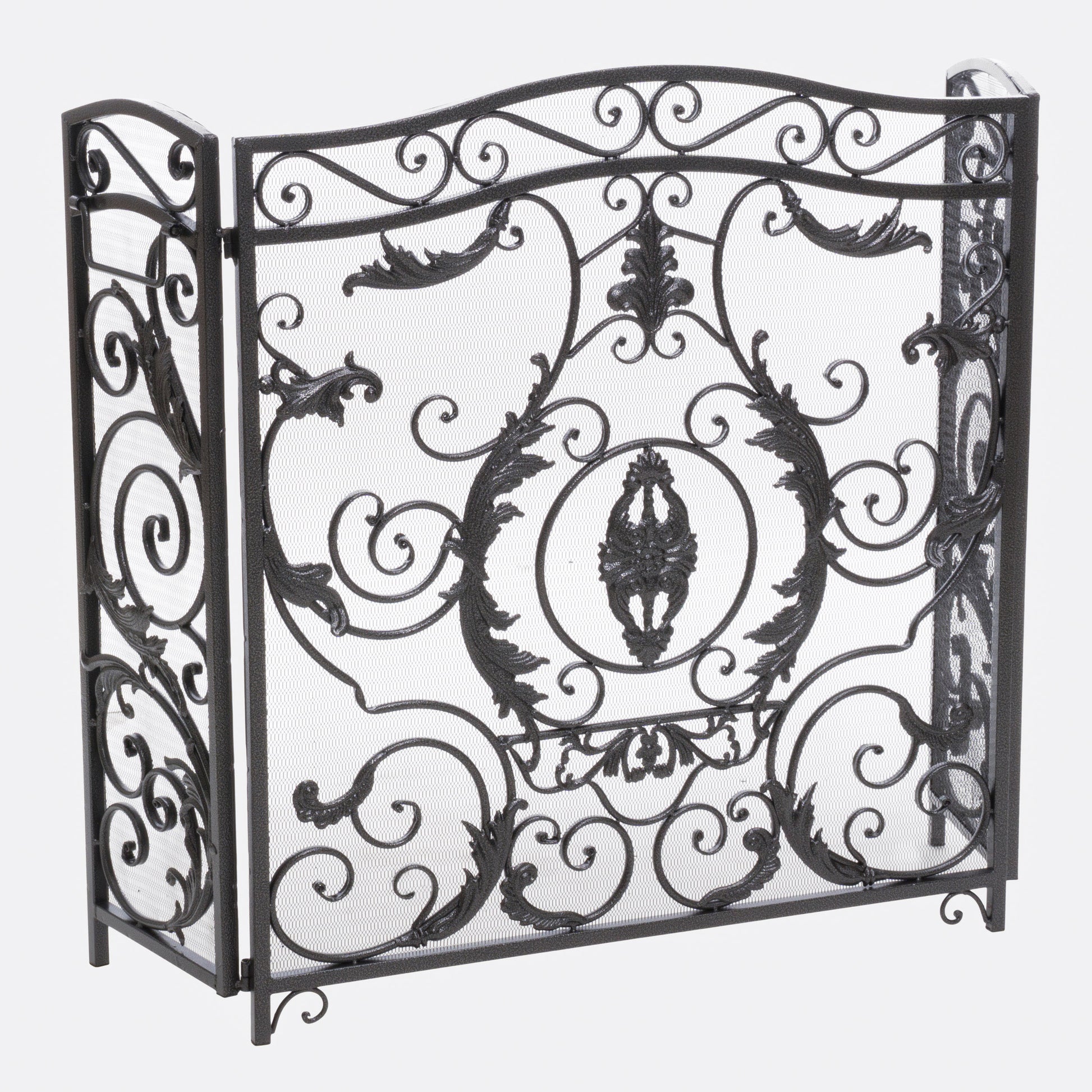 Black metal fireplace screen with ornate scrollwork and leaf motifs