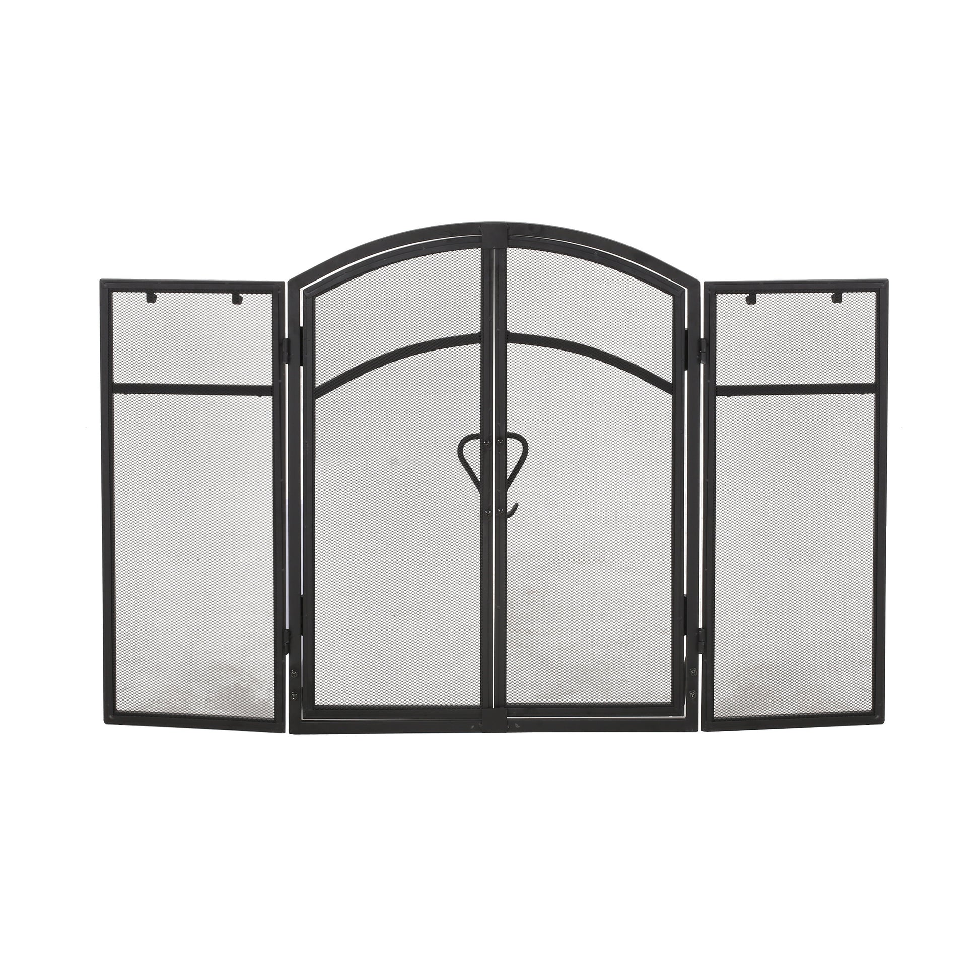 Black metal trifold fireplace screen with decorative arched top and heart detail
