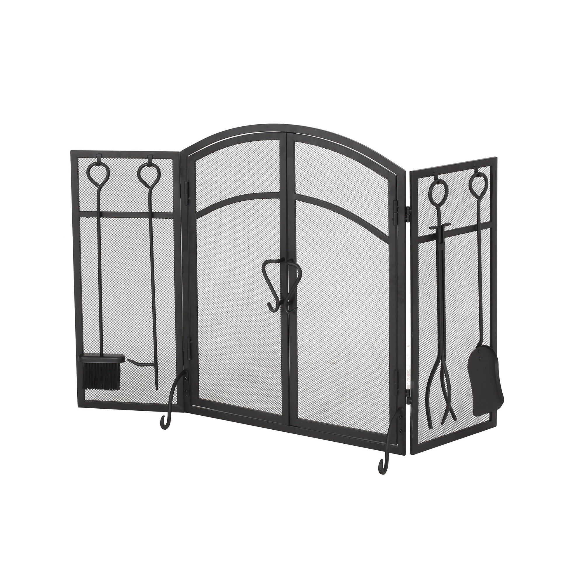 Black wrought iron fireplace screen with arched top and matching tool set for hearth warmth