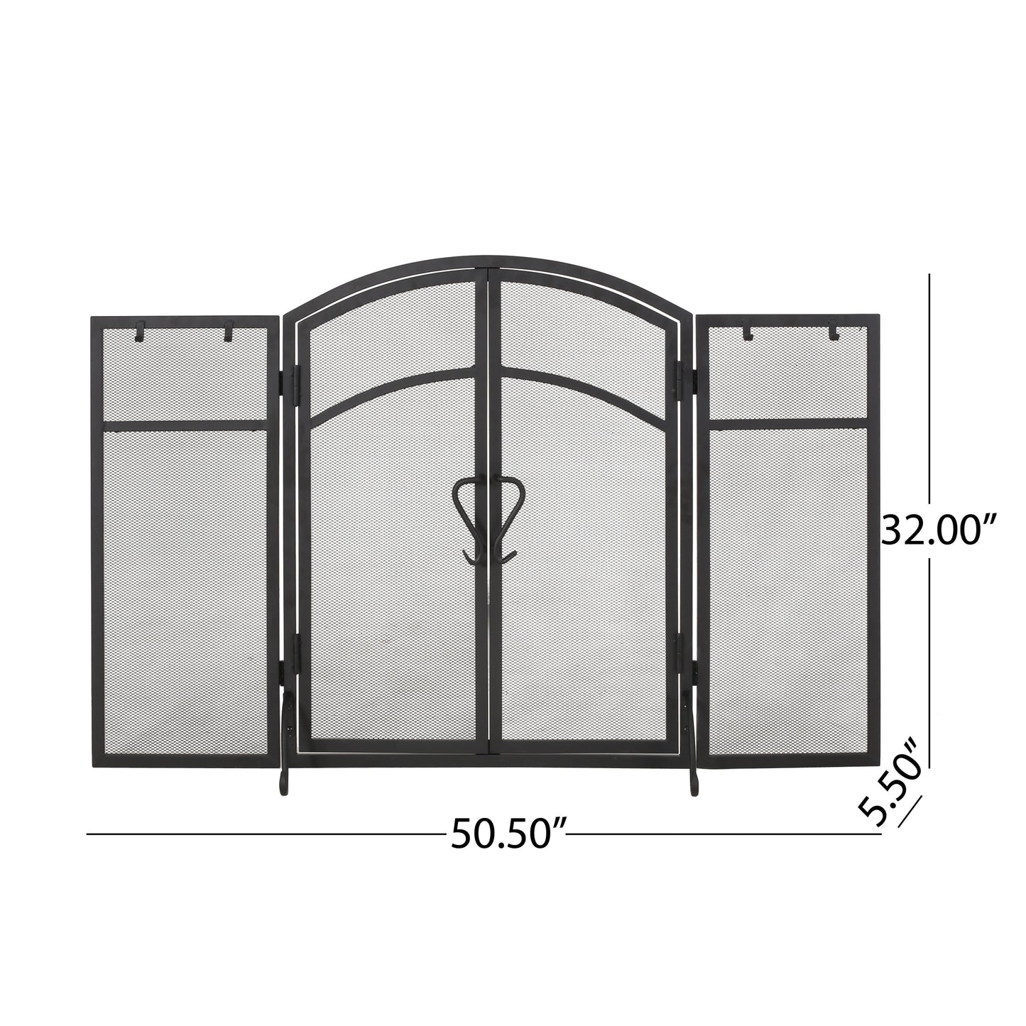 Black metal fireplace screen with three panels and ornate scrollwork