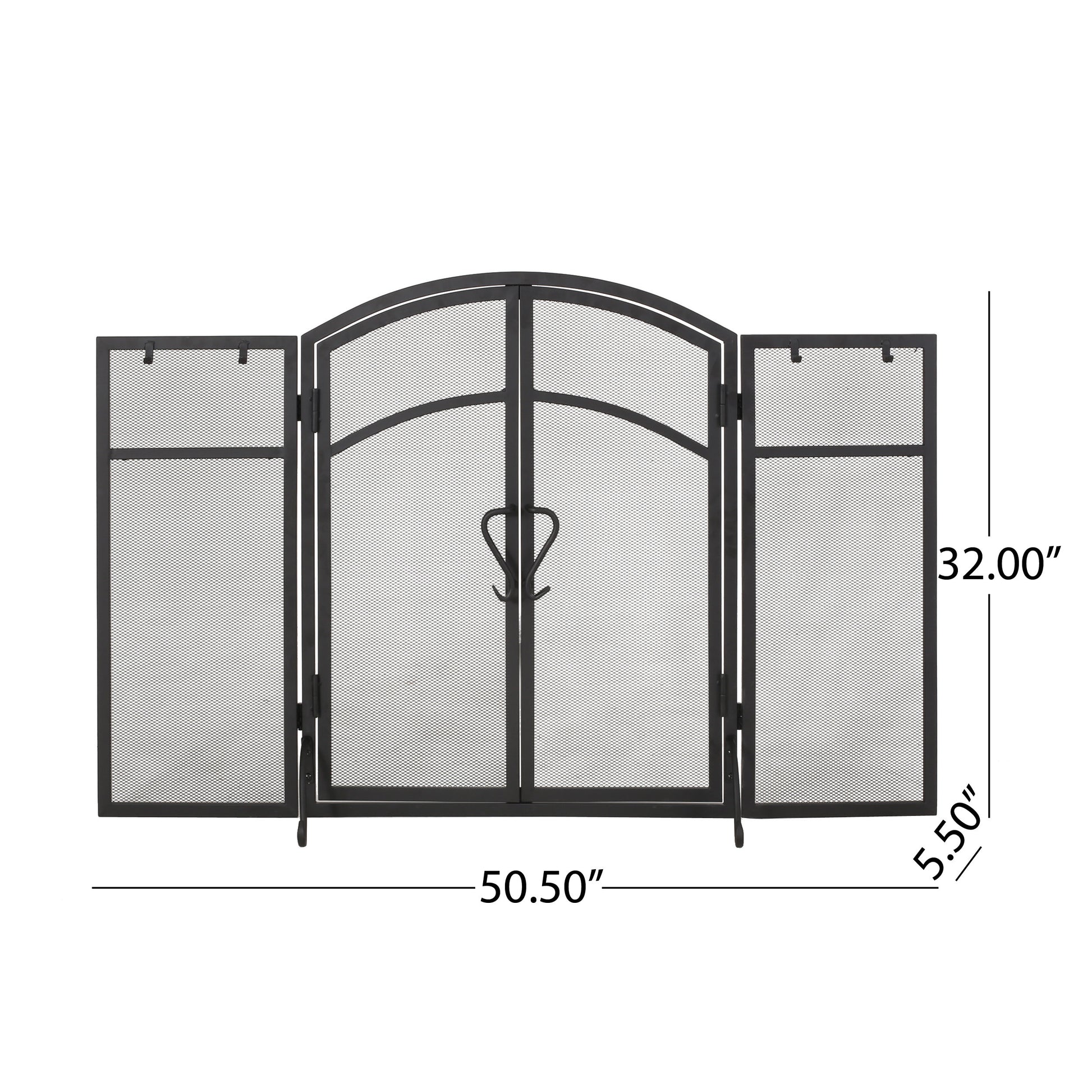 Black metal fireplace screen with three panels and ornate scrollwork