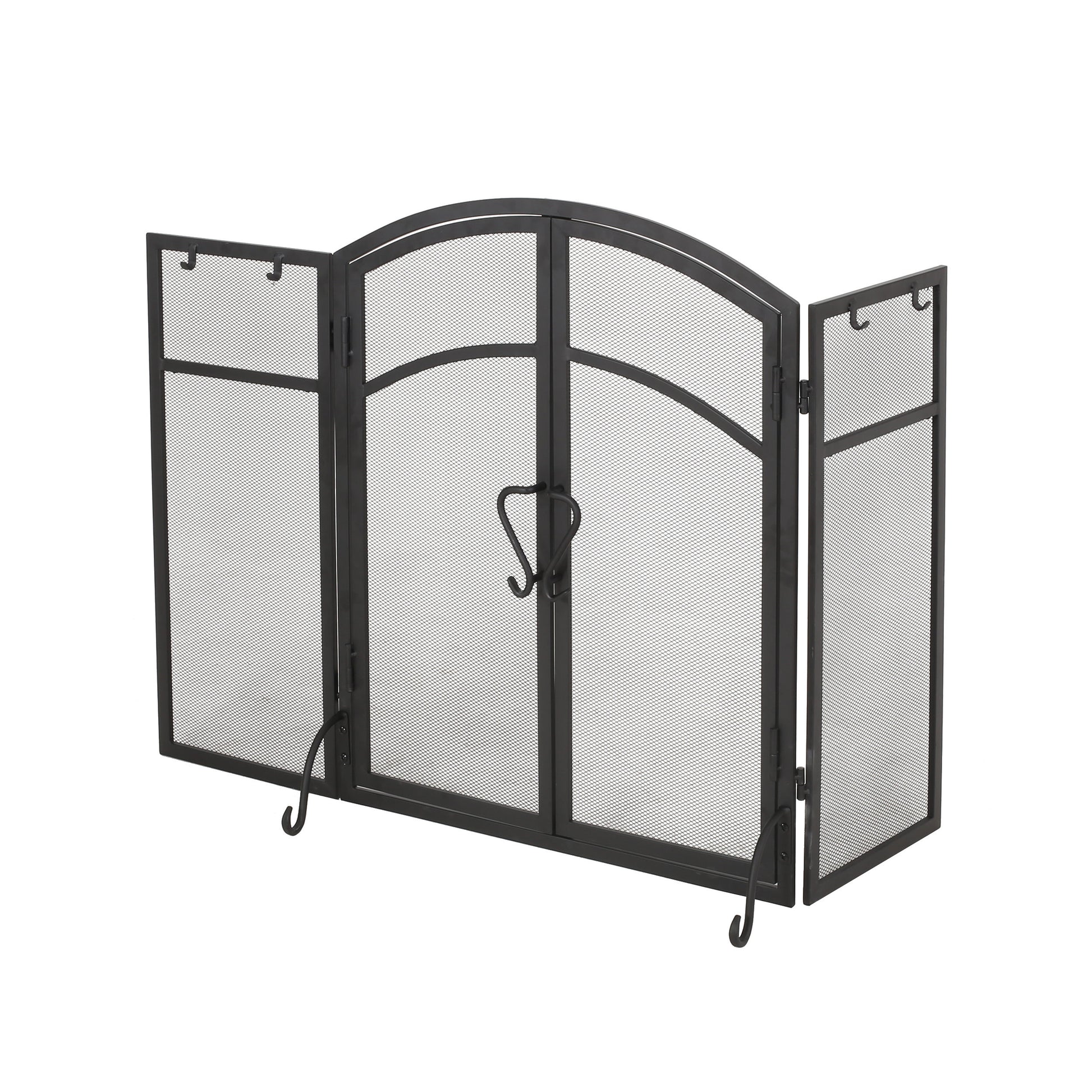 Black metal trifold fireplace screen with arched top and mesh panels
