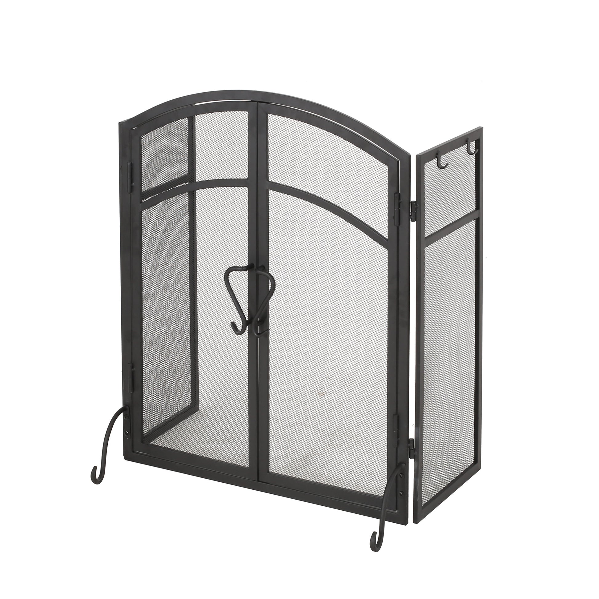 Black metal fire screen with arched top and dual doors