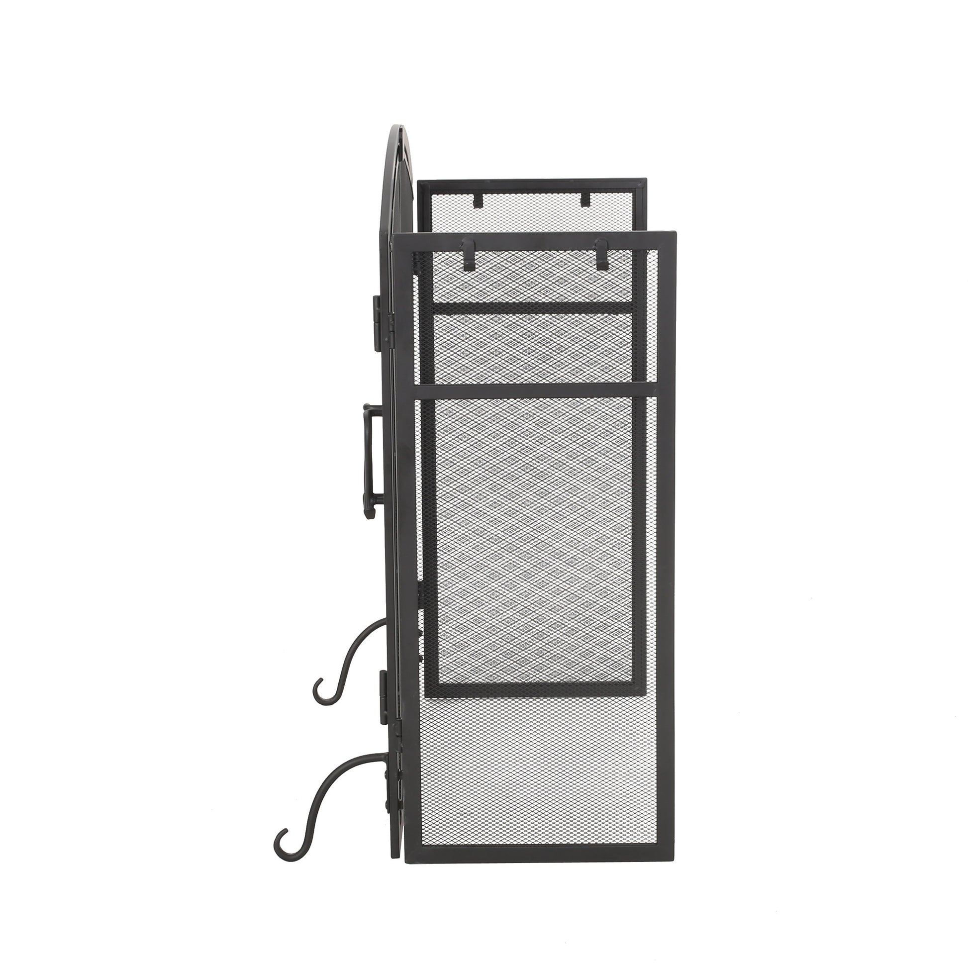 Black metal fireplace screen with arched top and mesh panels for fire protection