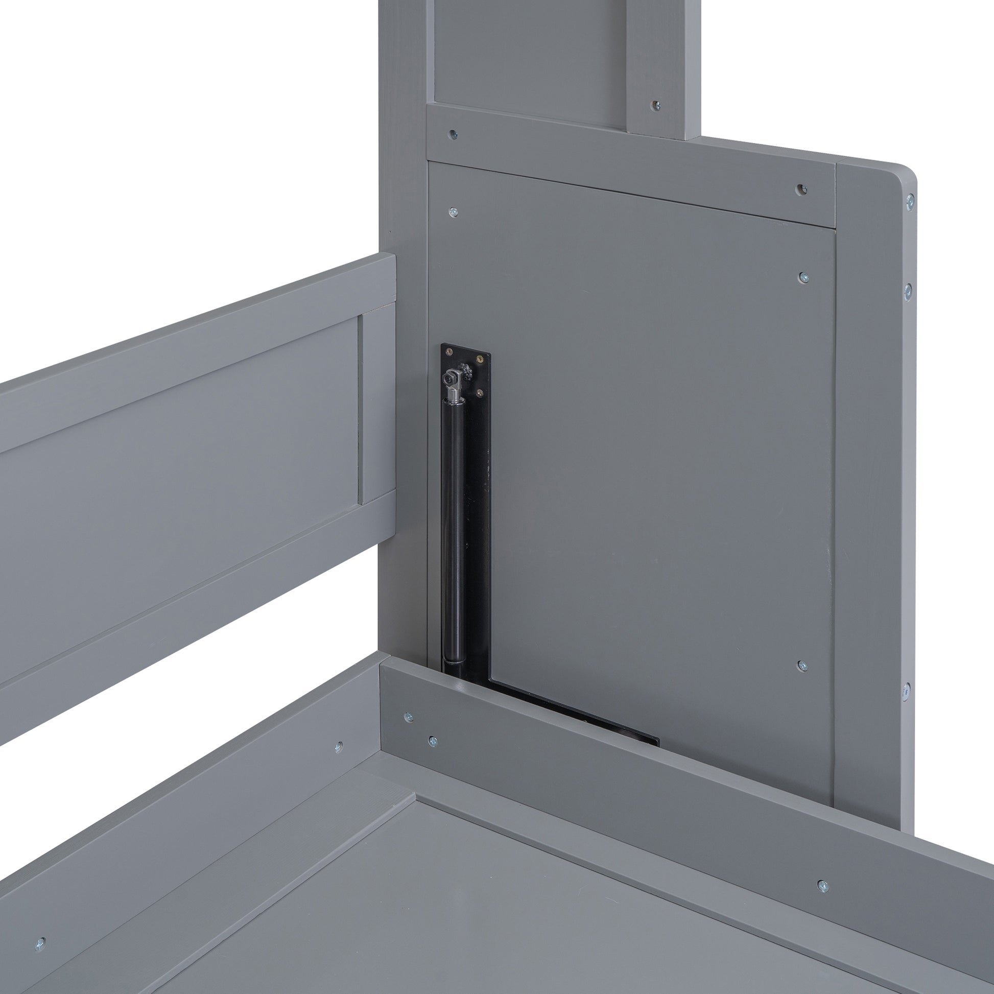 Gray wooden bed frame corner with visible gas lift hinge