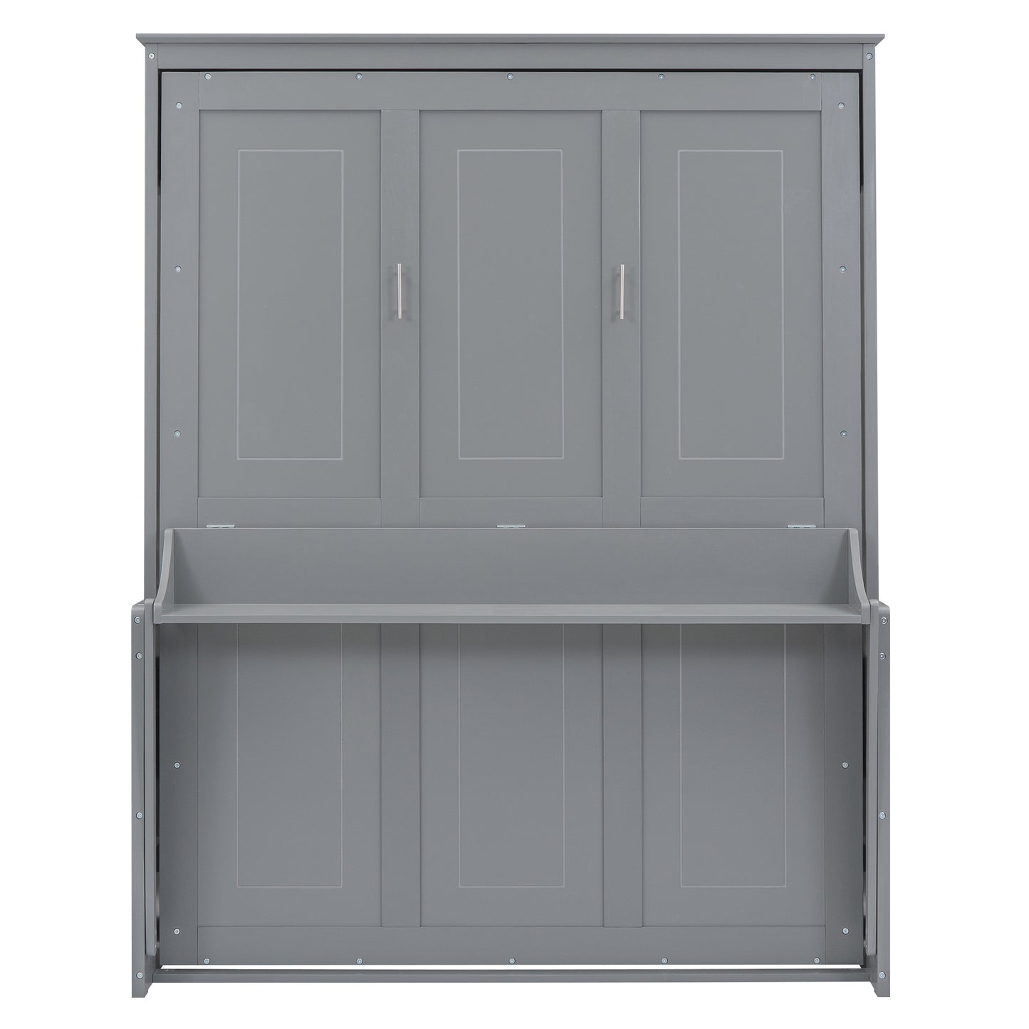 Gray murphy bed with three paneled doors and a builtin shelf