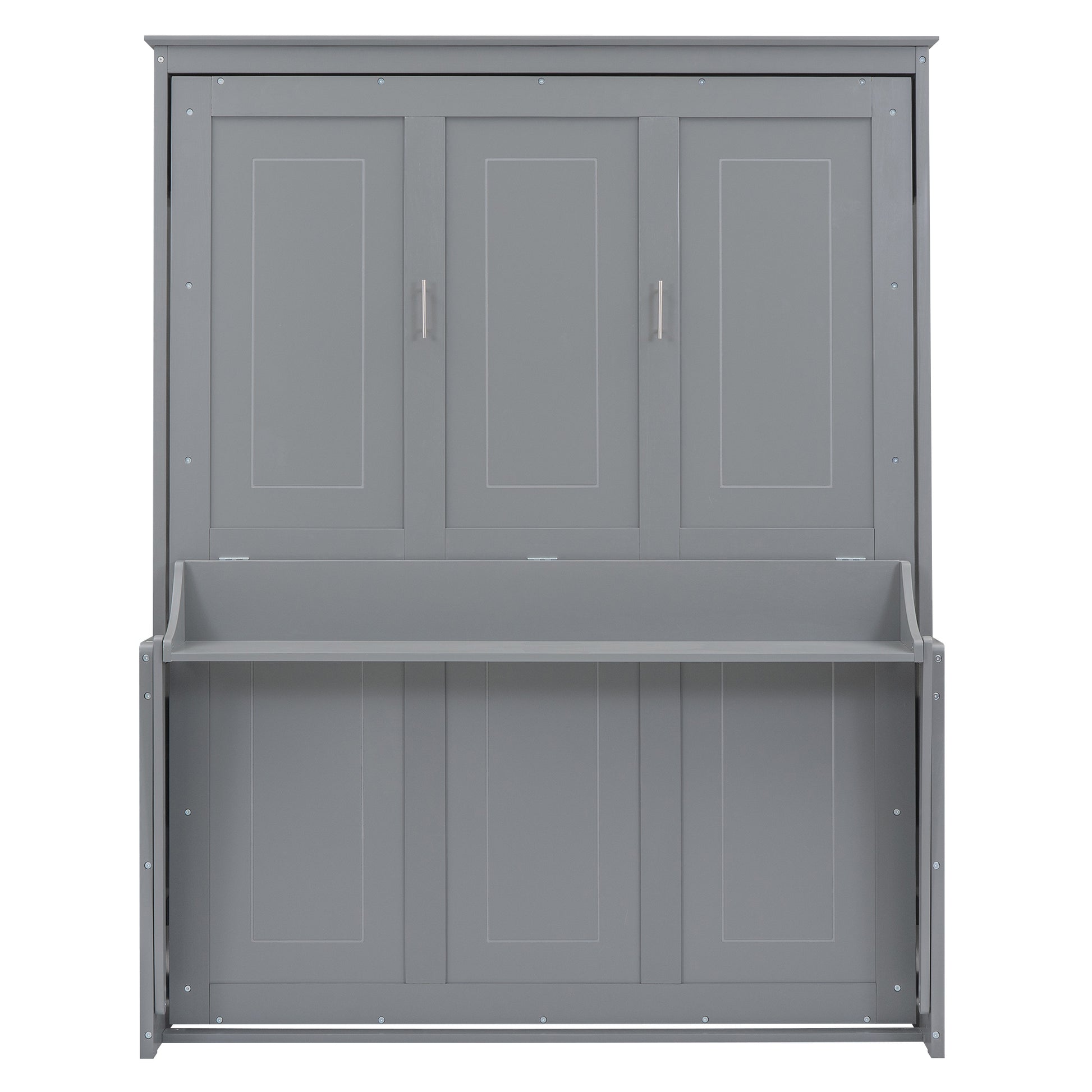 Gray murphy bed with three paneled doors and a builtin shelf