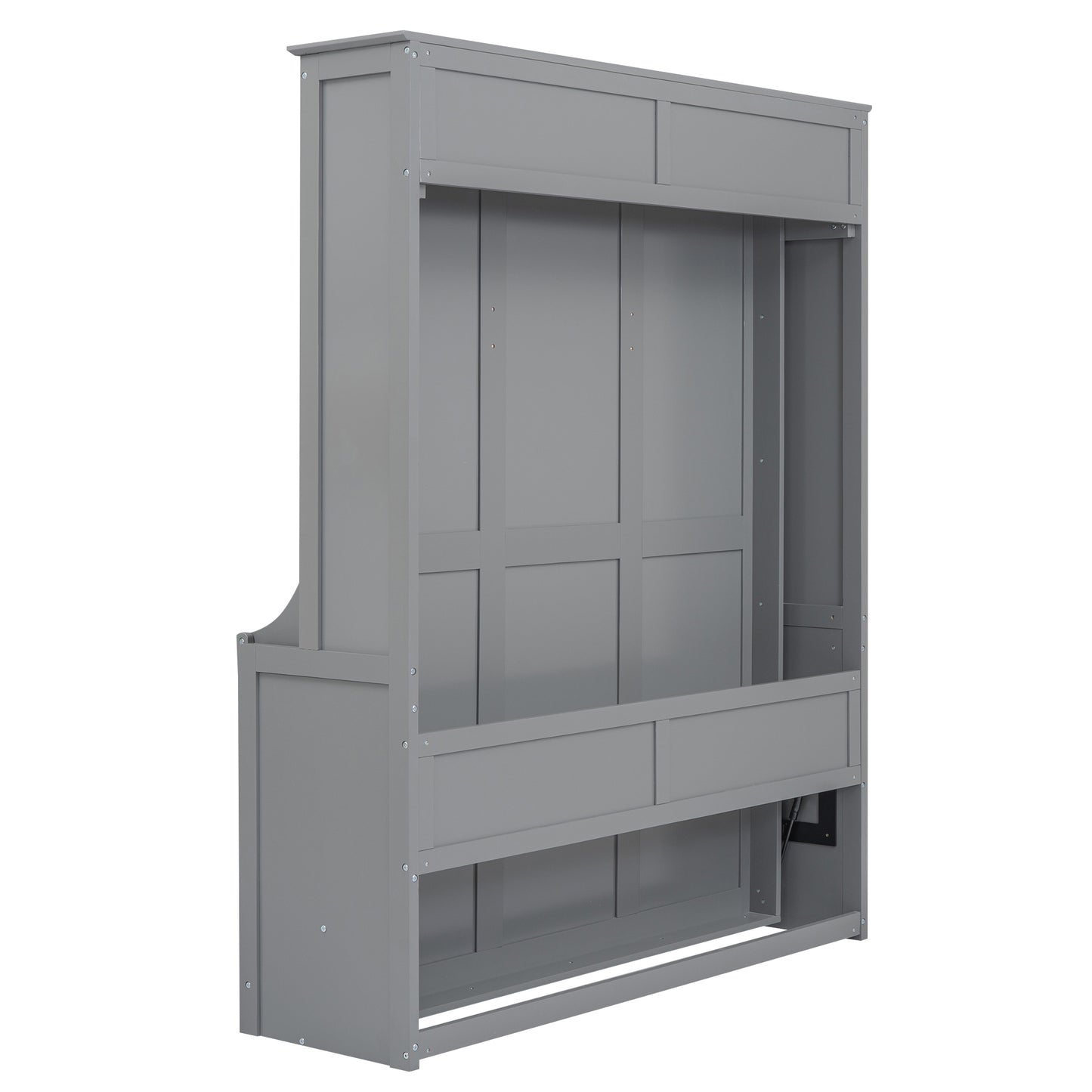 Gray wooden entryway bench with shelf and coat rack