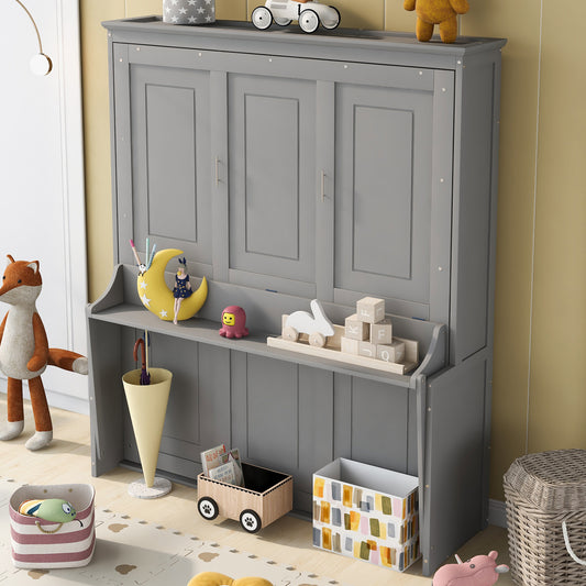 Gray wooden toy cabinet with three doors and a shelf displaying toys