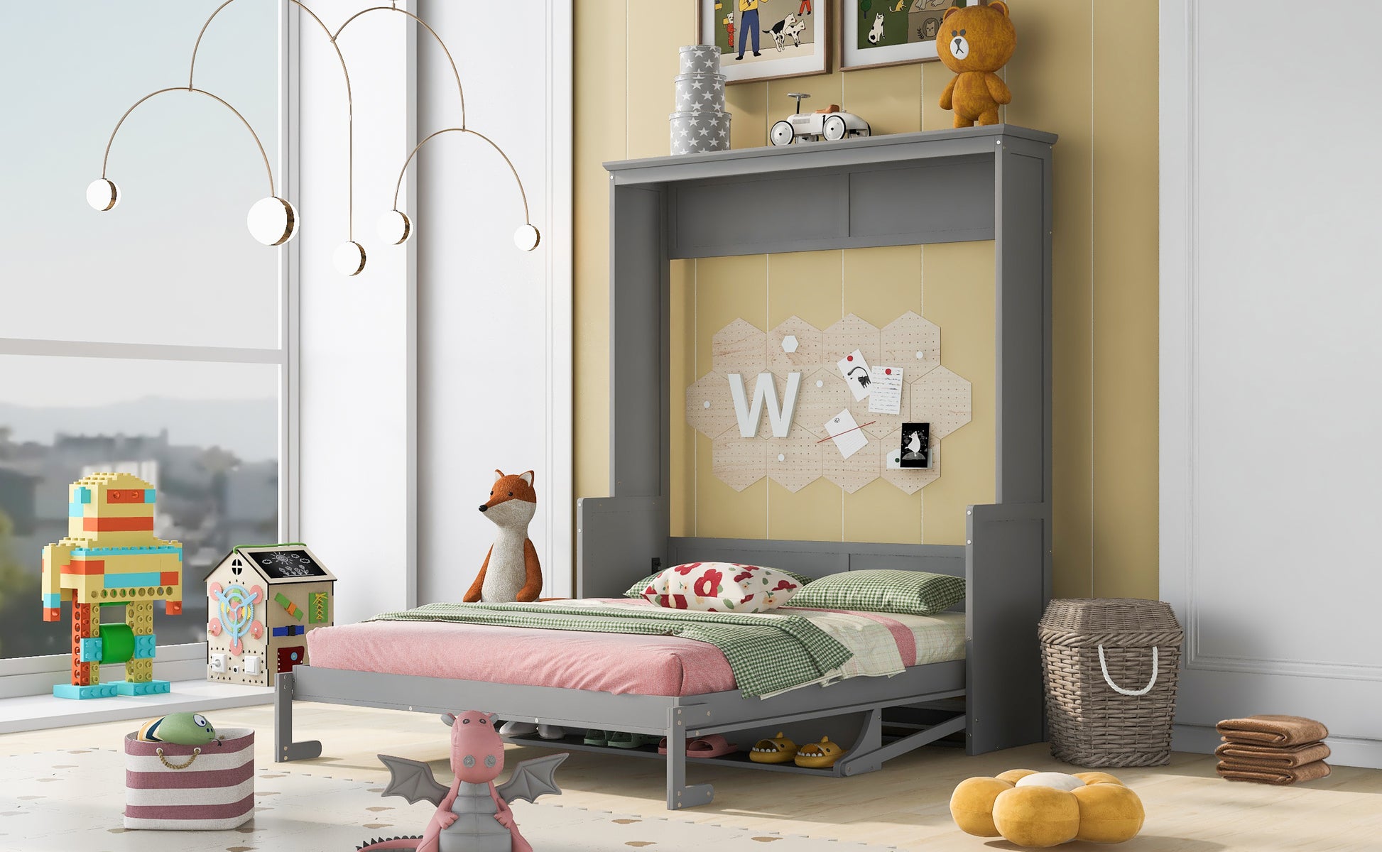 Gray Murphy bed open with pink bedding and childrens decor
