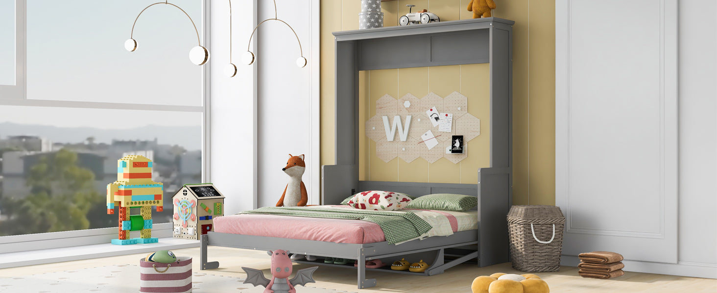 Gray twin murphy bed with pink bedding and fox plush toy