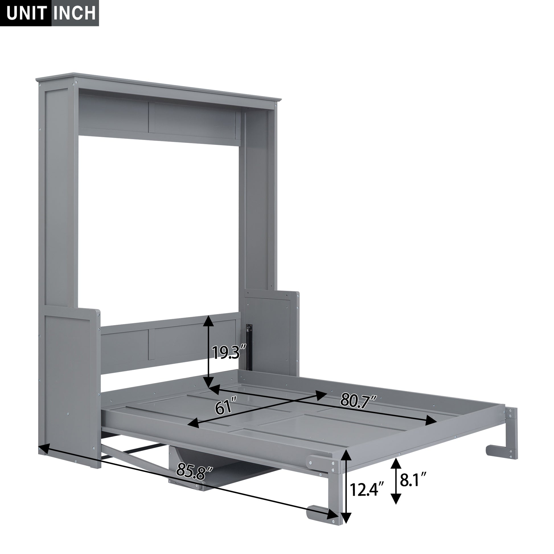 Gray Murphy bed frame with integrated measurement labels