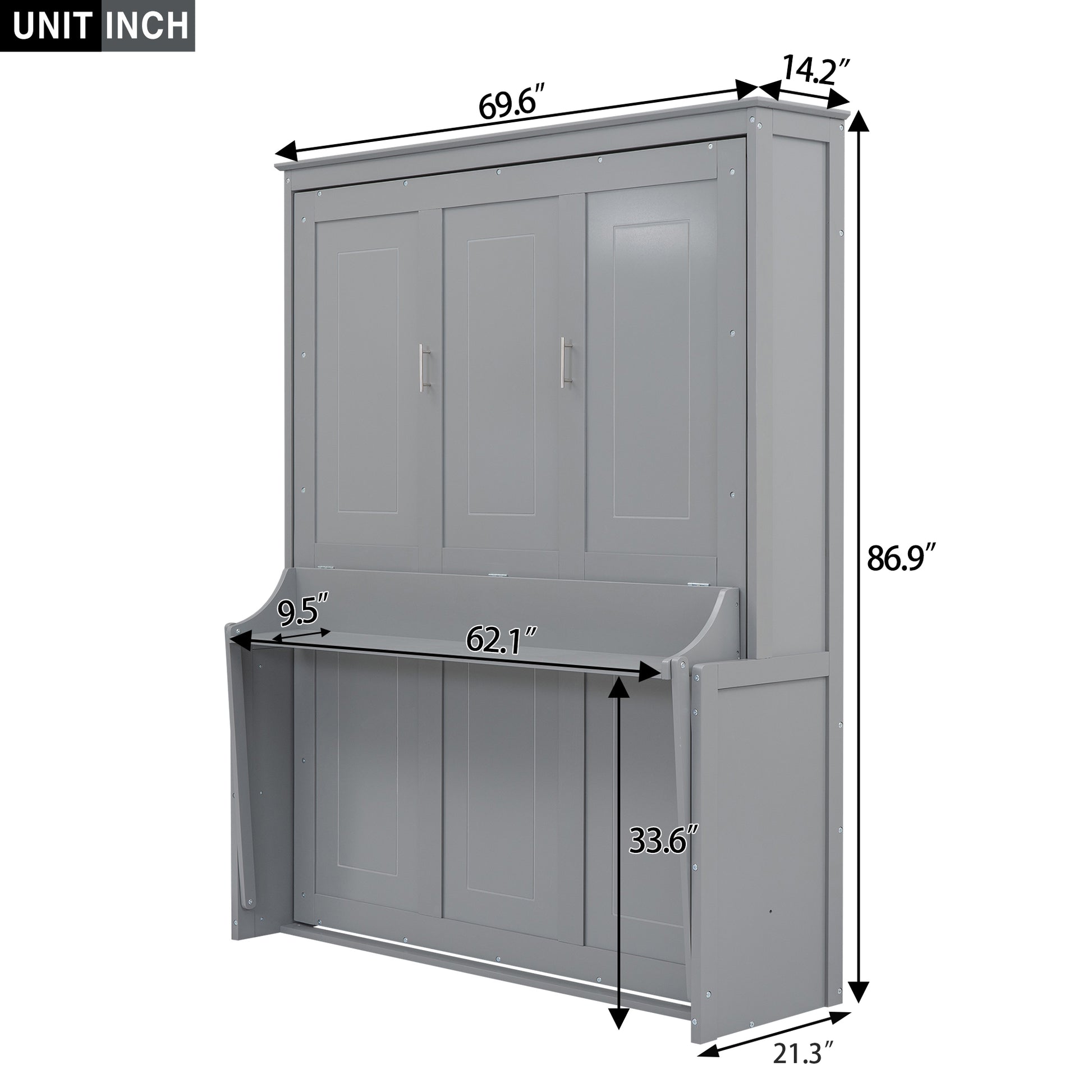 Gray Murphy bed with three cabinet doors
