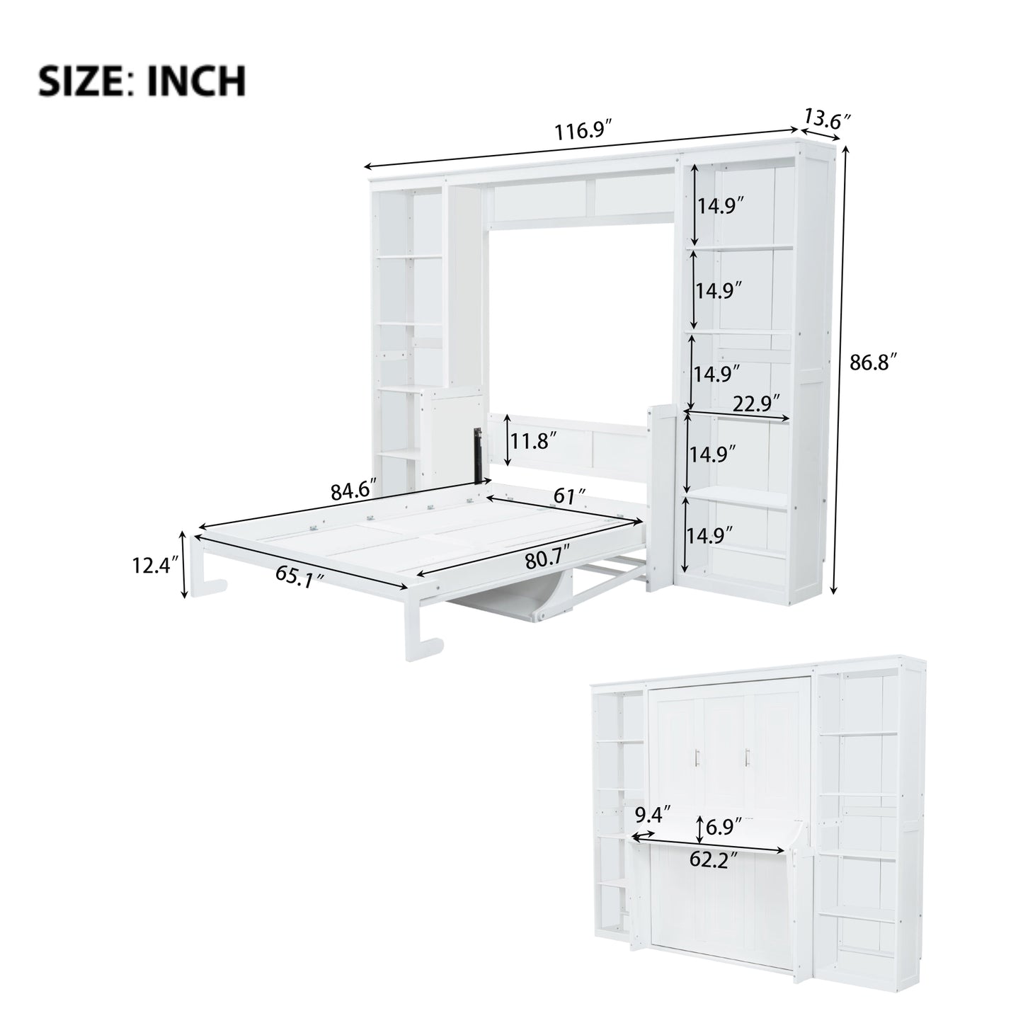 White Murphy bed with side shelving unit dimensions  W x  H