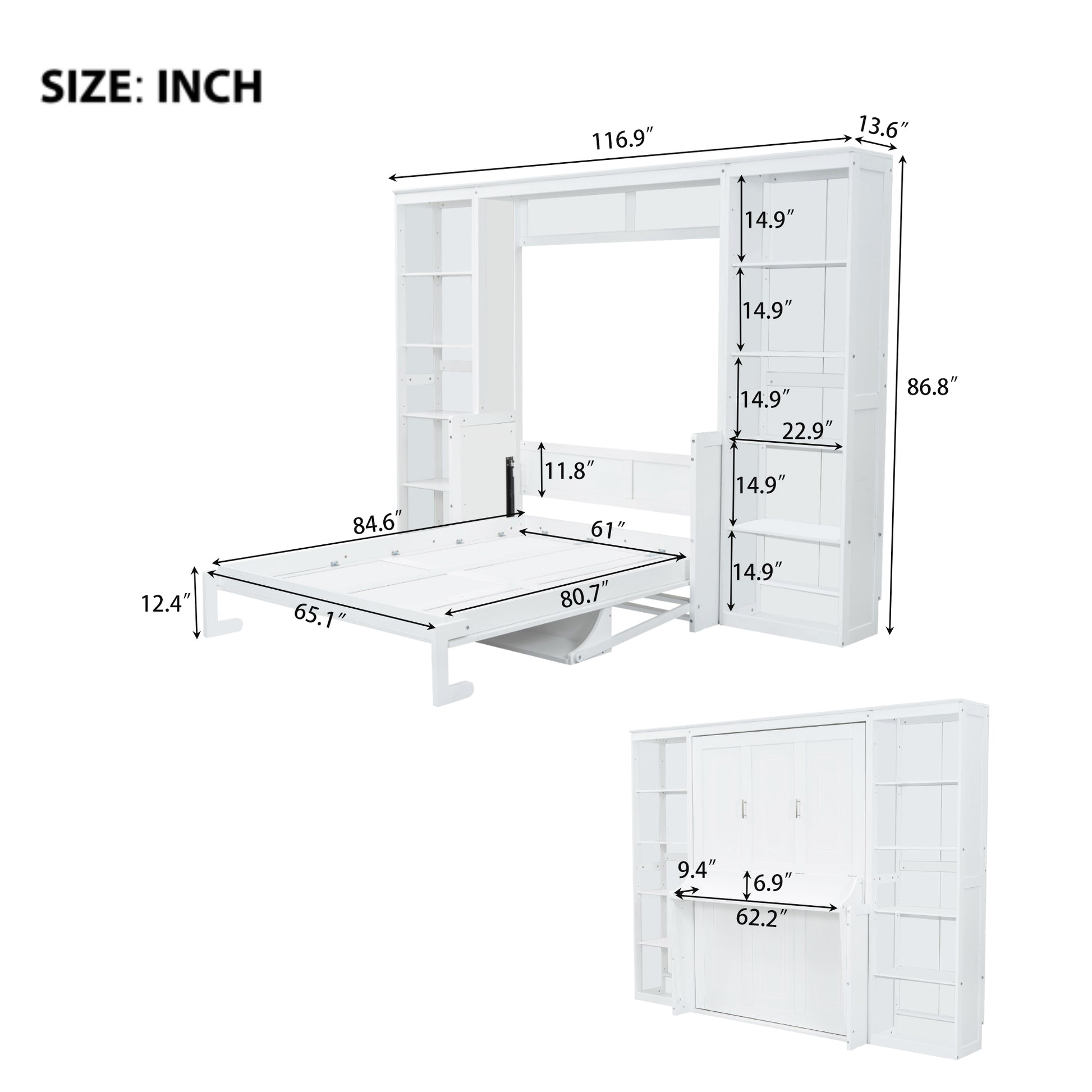 White Murphy bed with side shelving unit dimensions  W x  H