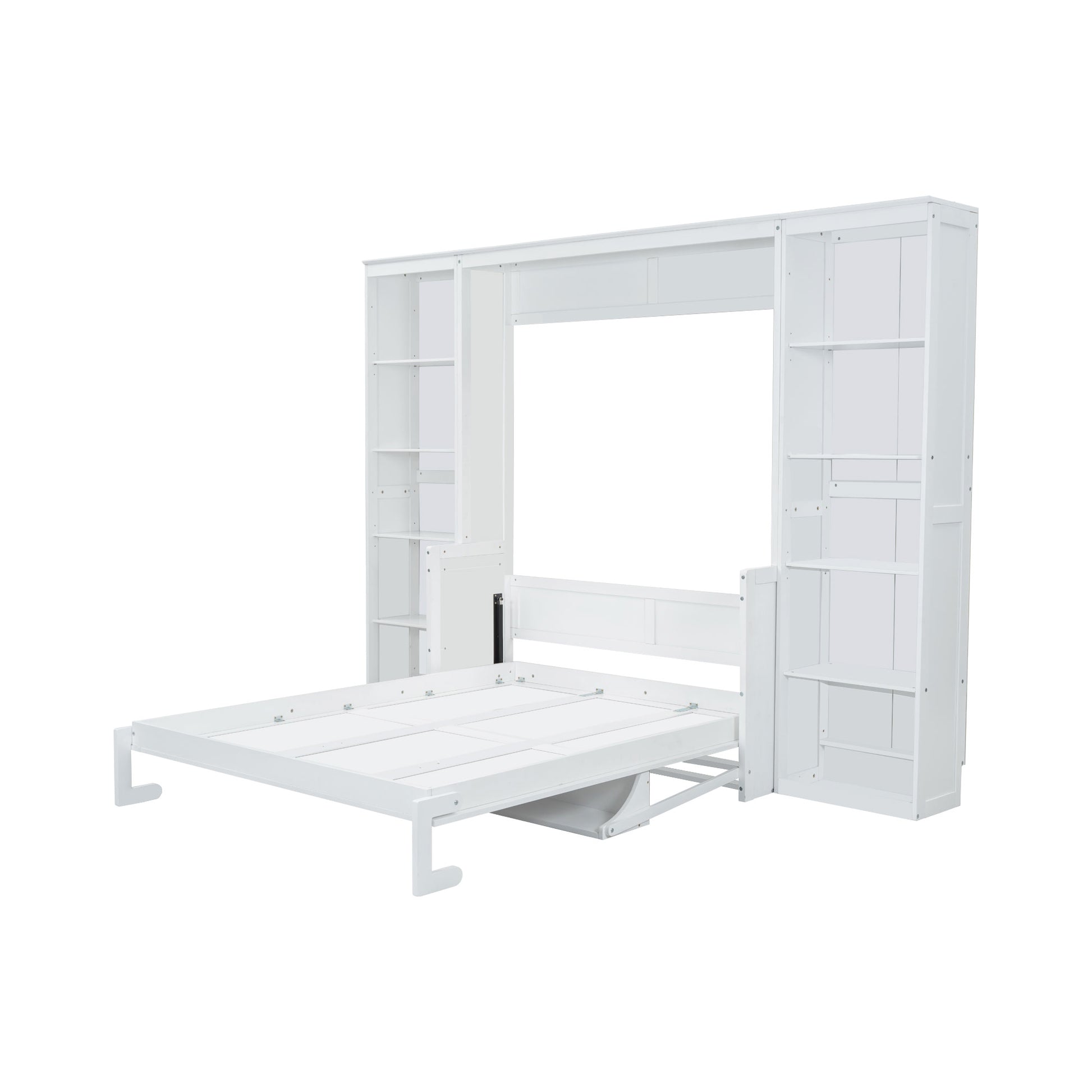White modern murphy bed with integrated shelving