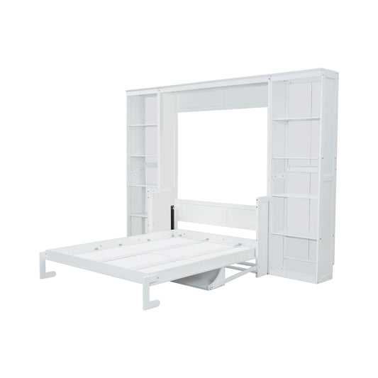 White modern murphy bed with integrated shelving