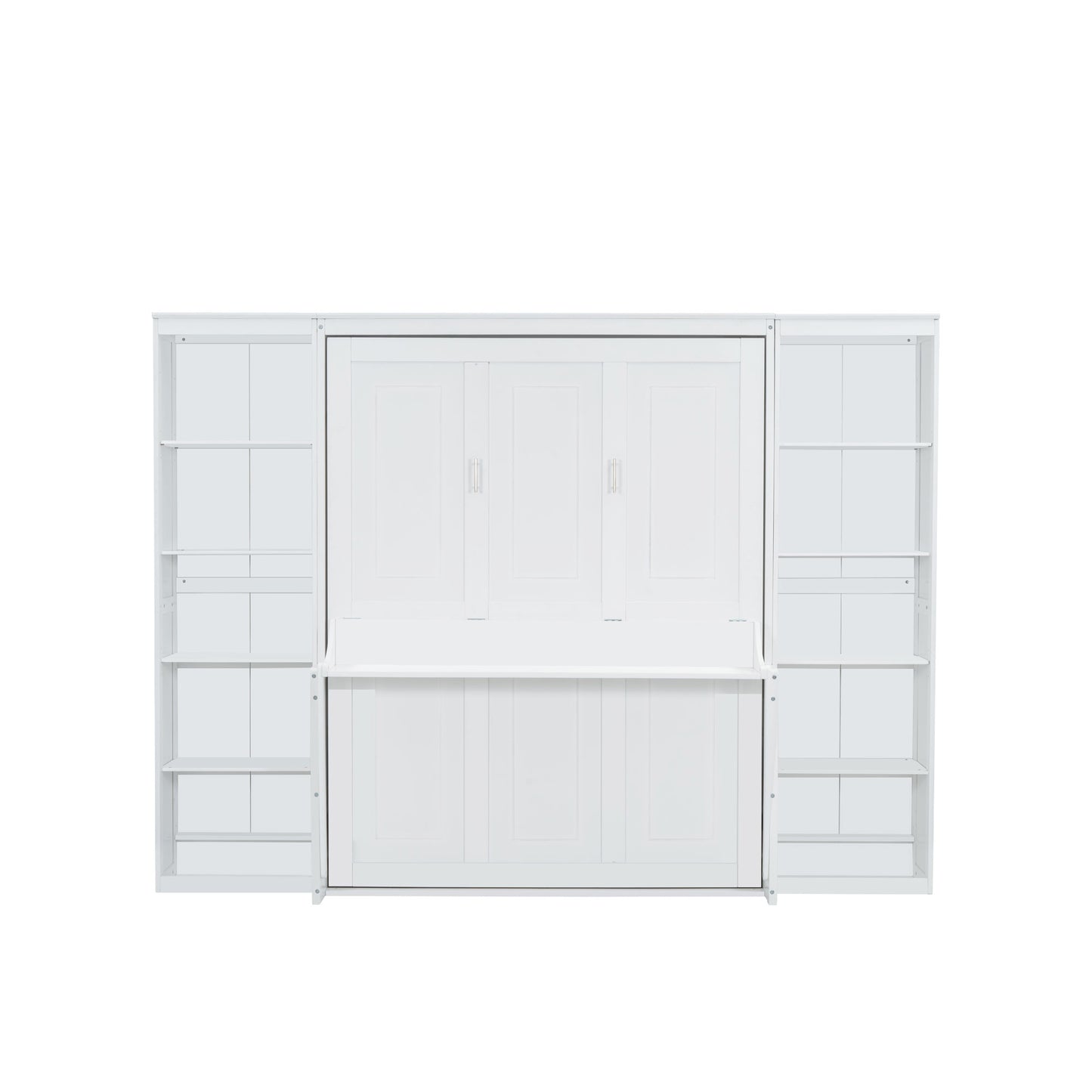 White wall bed unit with integrated bookshelves