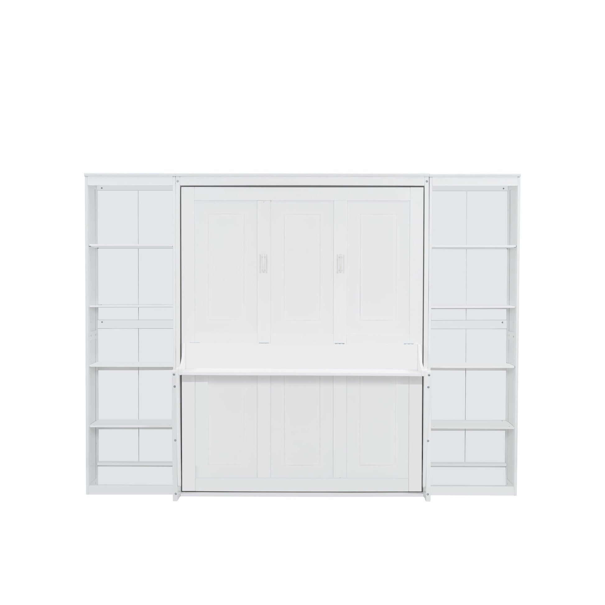 White wall bed unit with integrated bookshelves