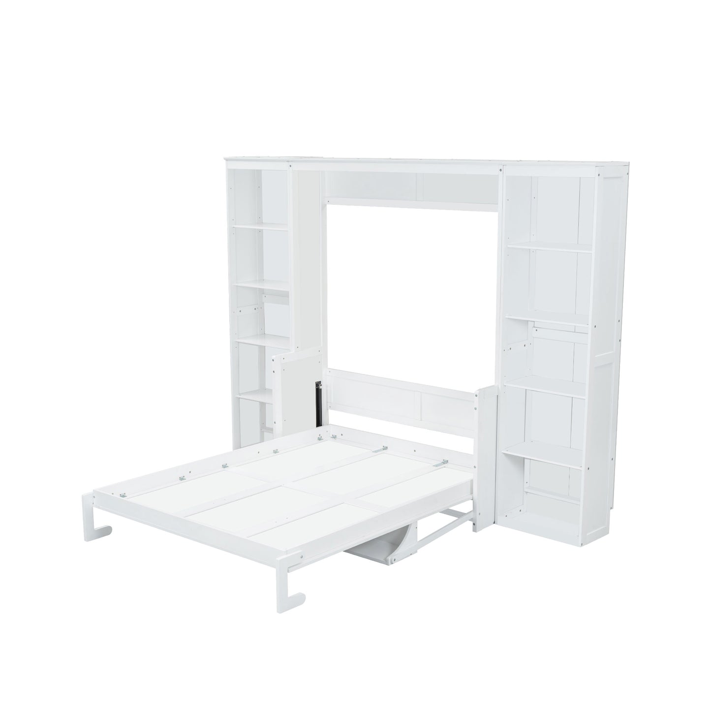 White wall bed with open side shelves extended