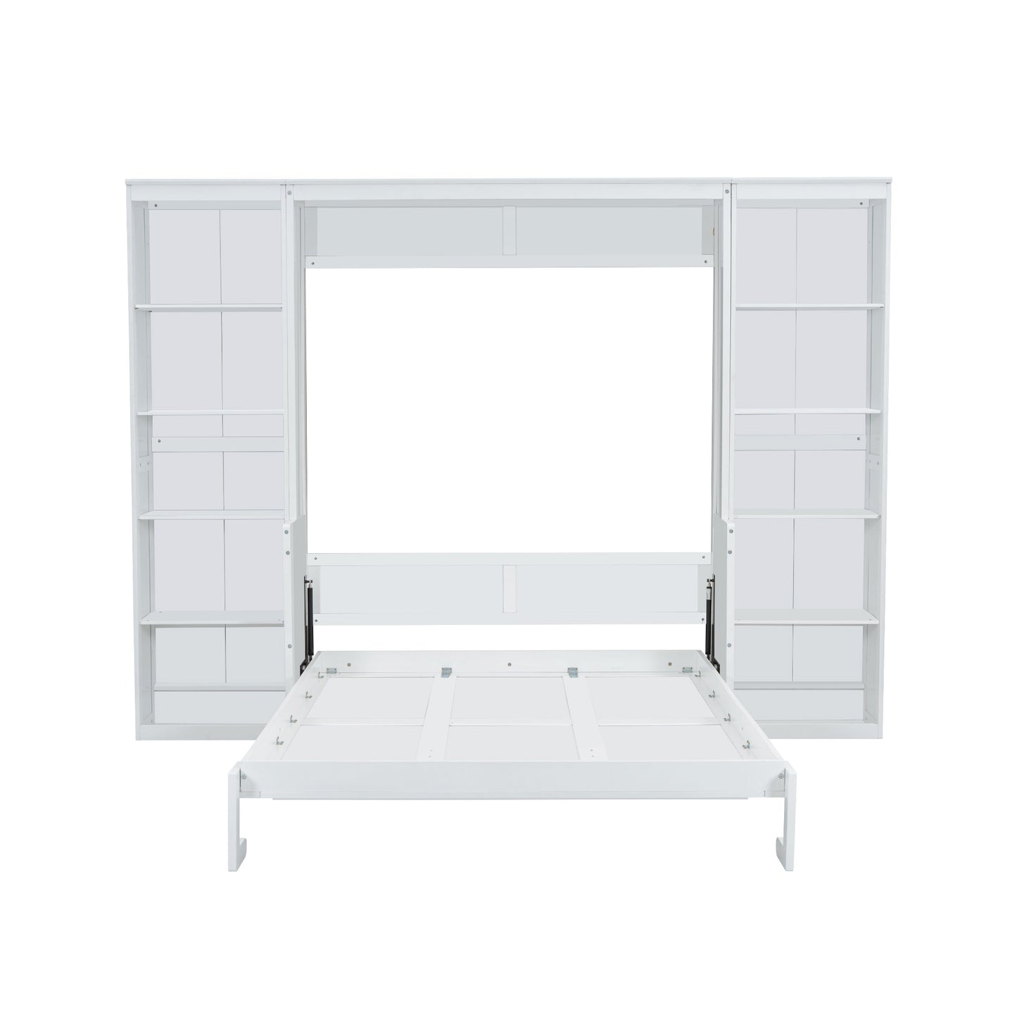 White murphy bed with open shelving units