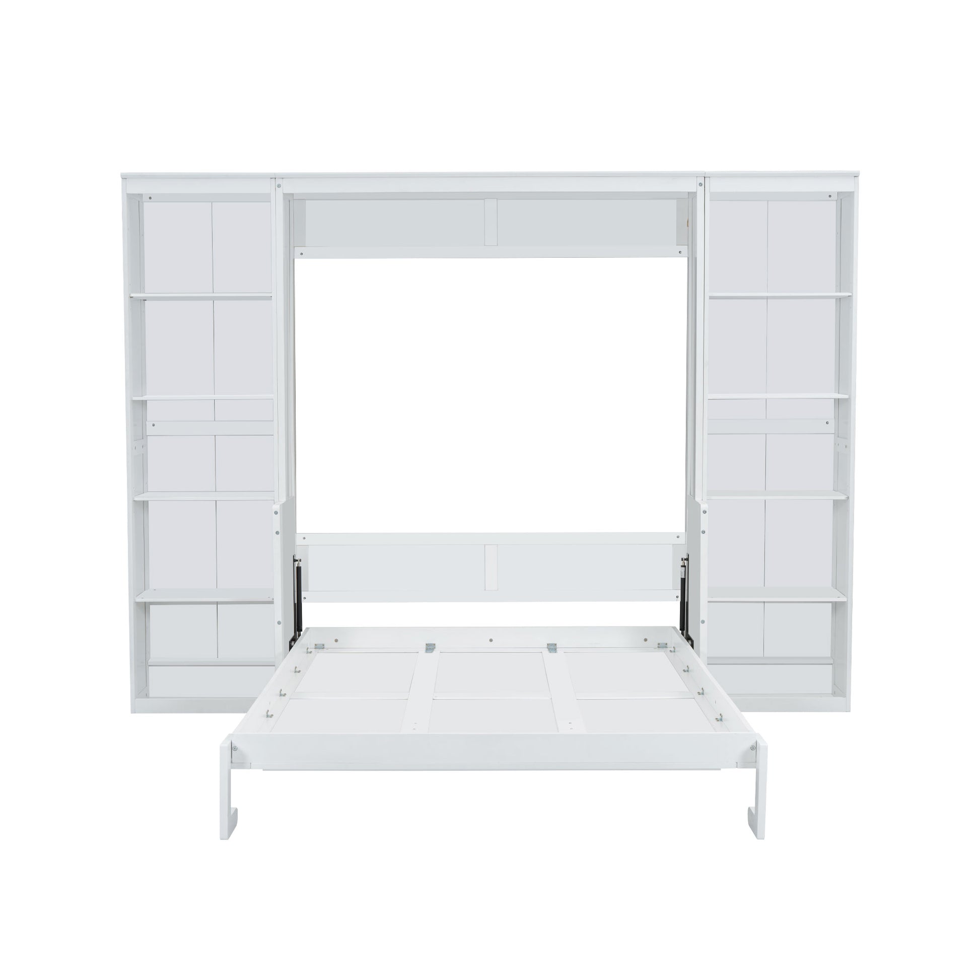 White murphy bed with open shelving units