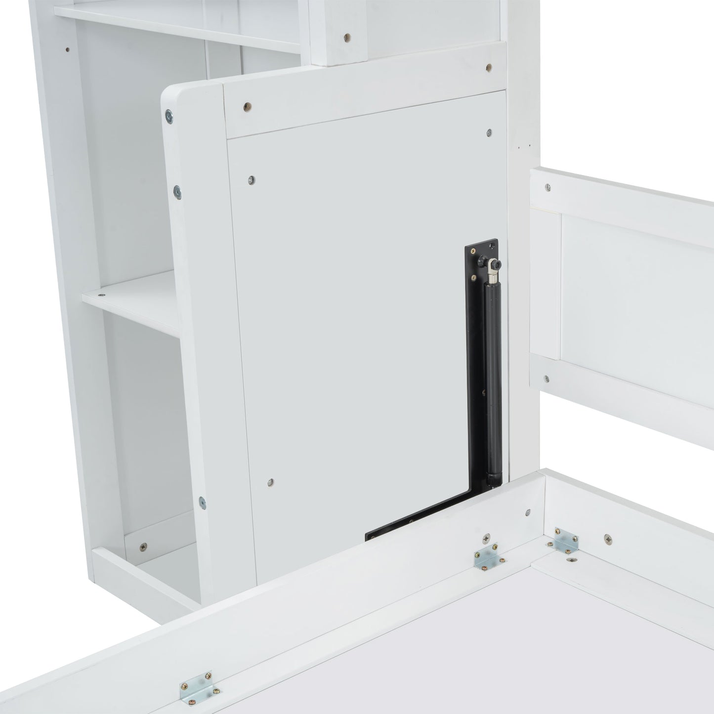 White modern desk with attached bookshelf and lifttop storage