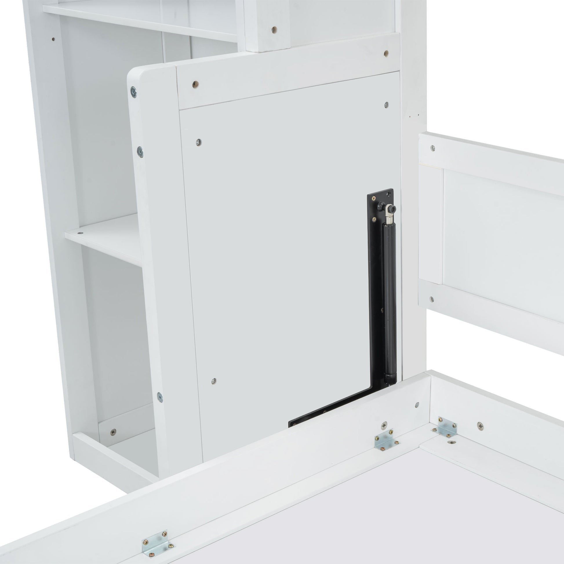 White modern desk with attached bookshelf and lifttop storage