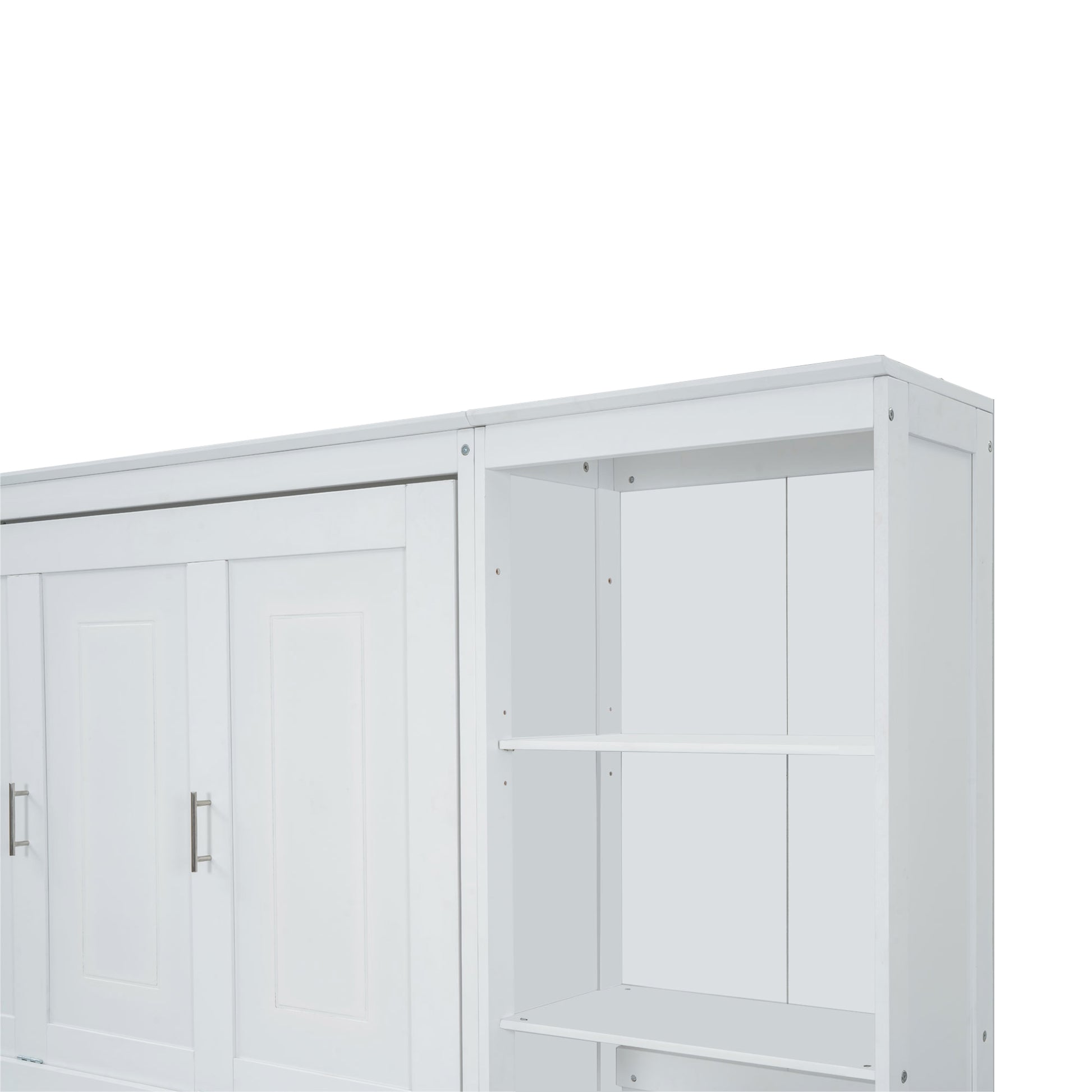 White wood wall bed with modern silver handles and open shelving