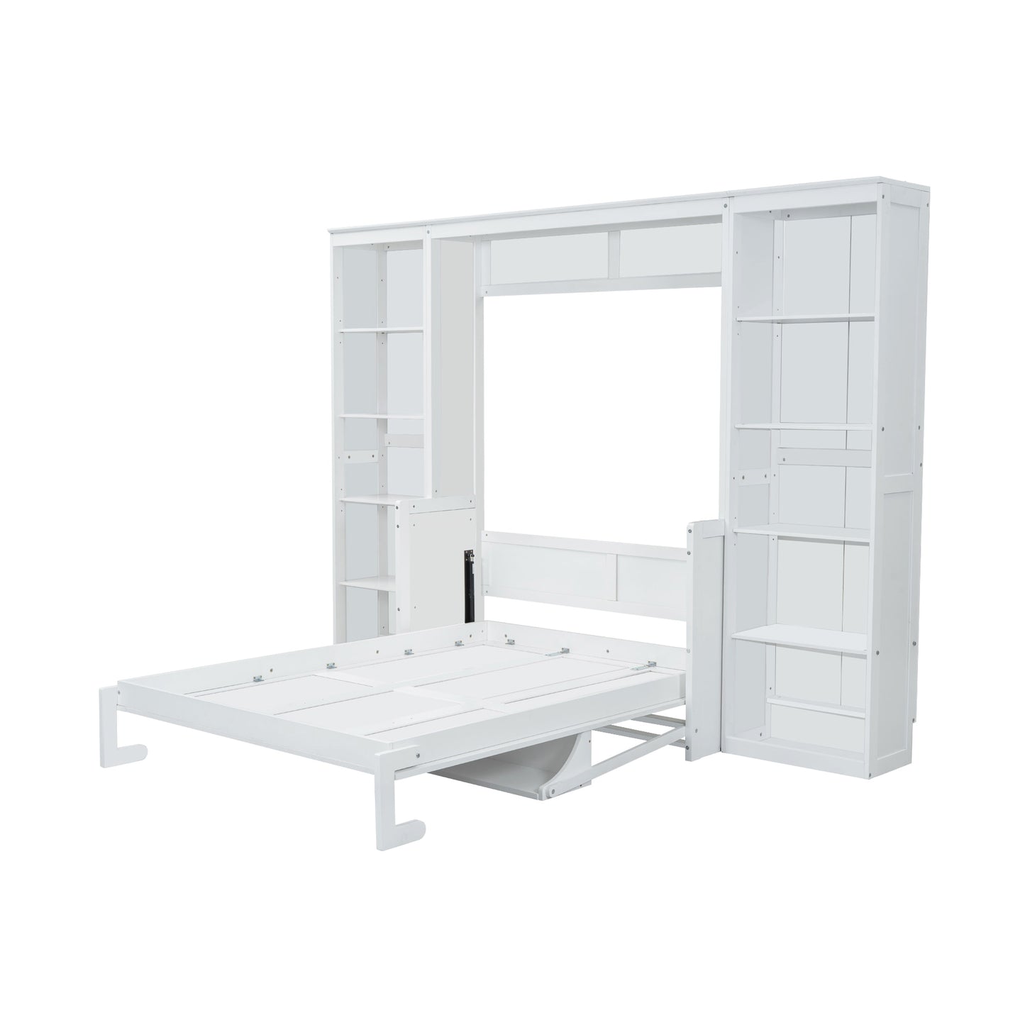 White wooden Murphy bed with open shelving units on both sides