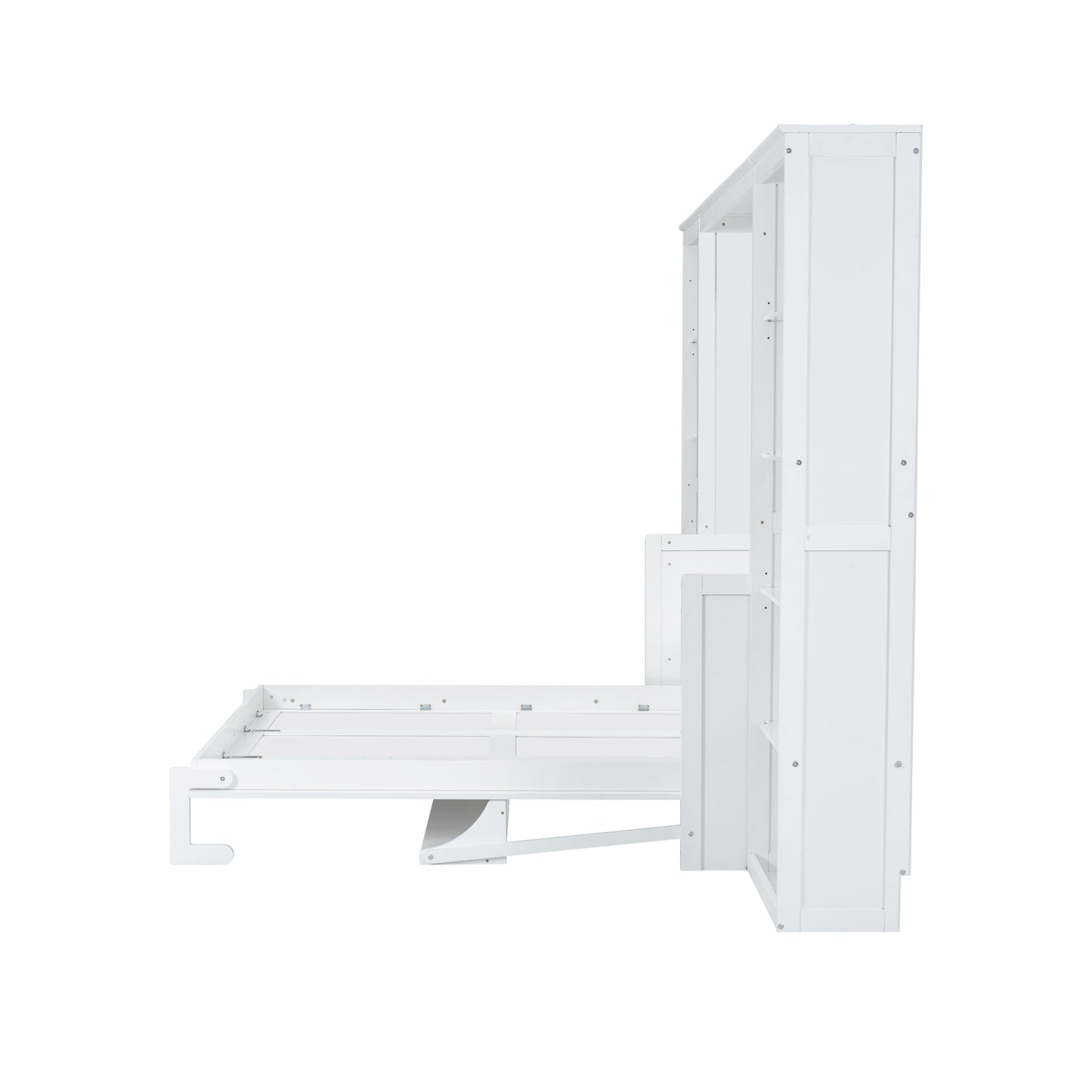 White wooden convertible crib frame with visible hardware