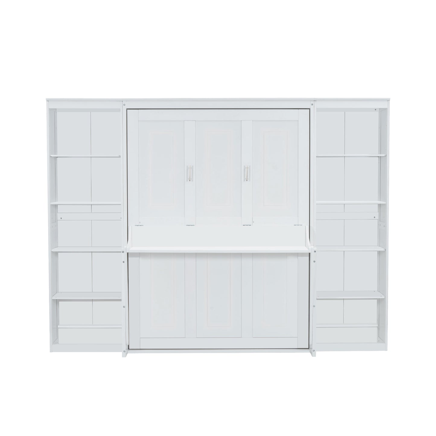 White Murphy bed with builtin shelving and desk