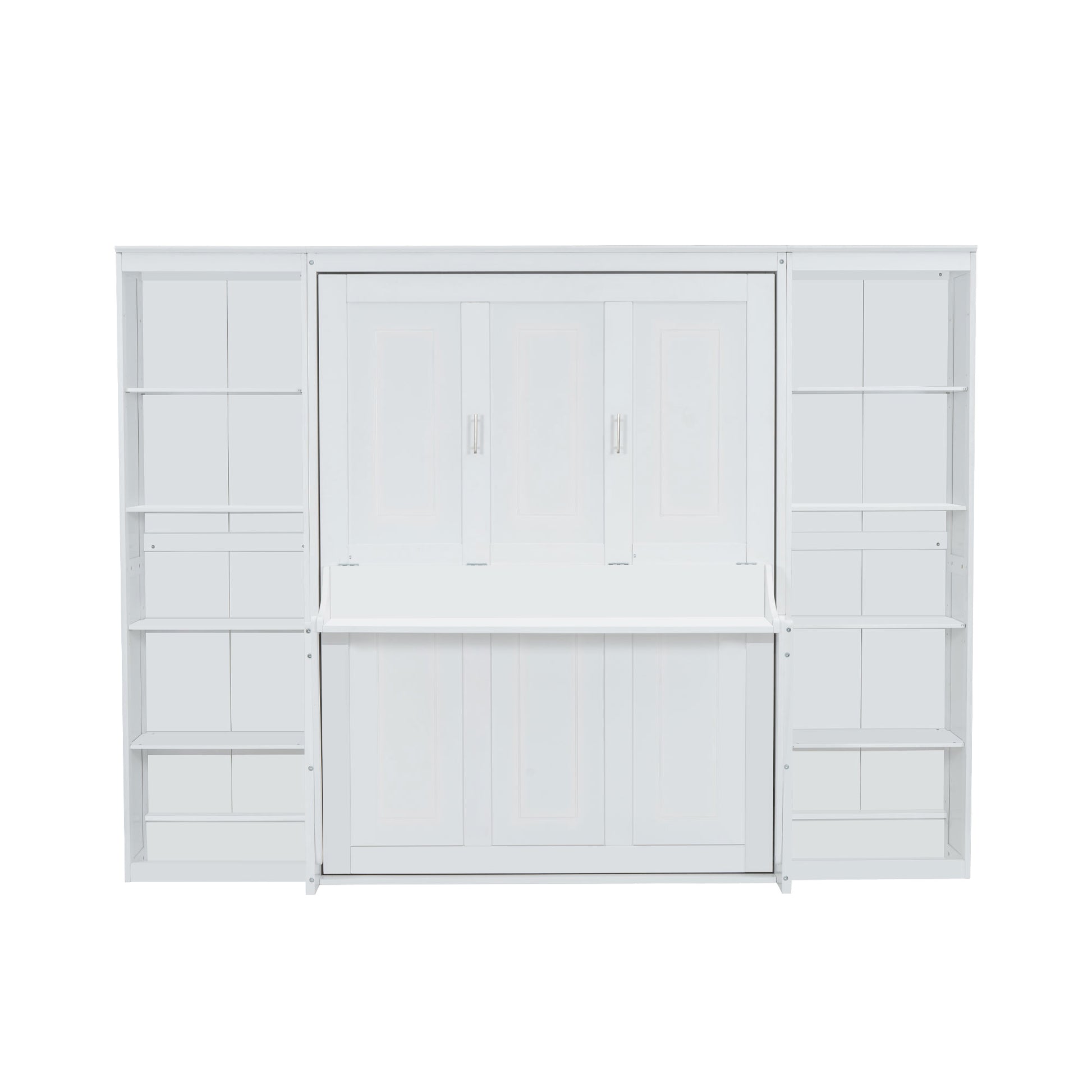 White Murphy bed with builtin shelving and desk