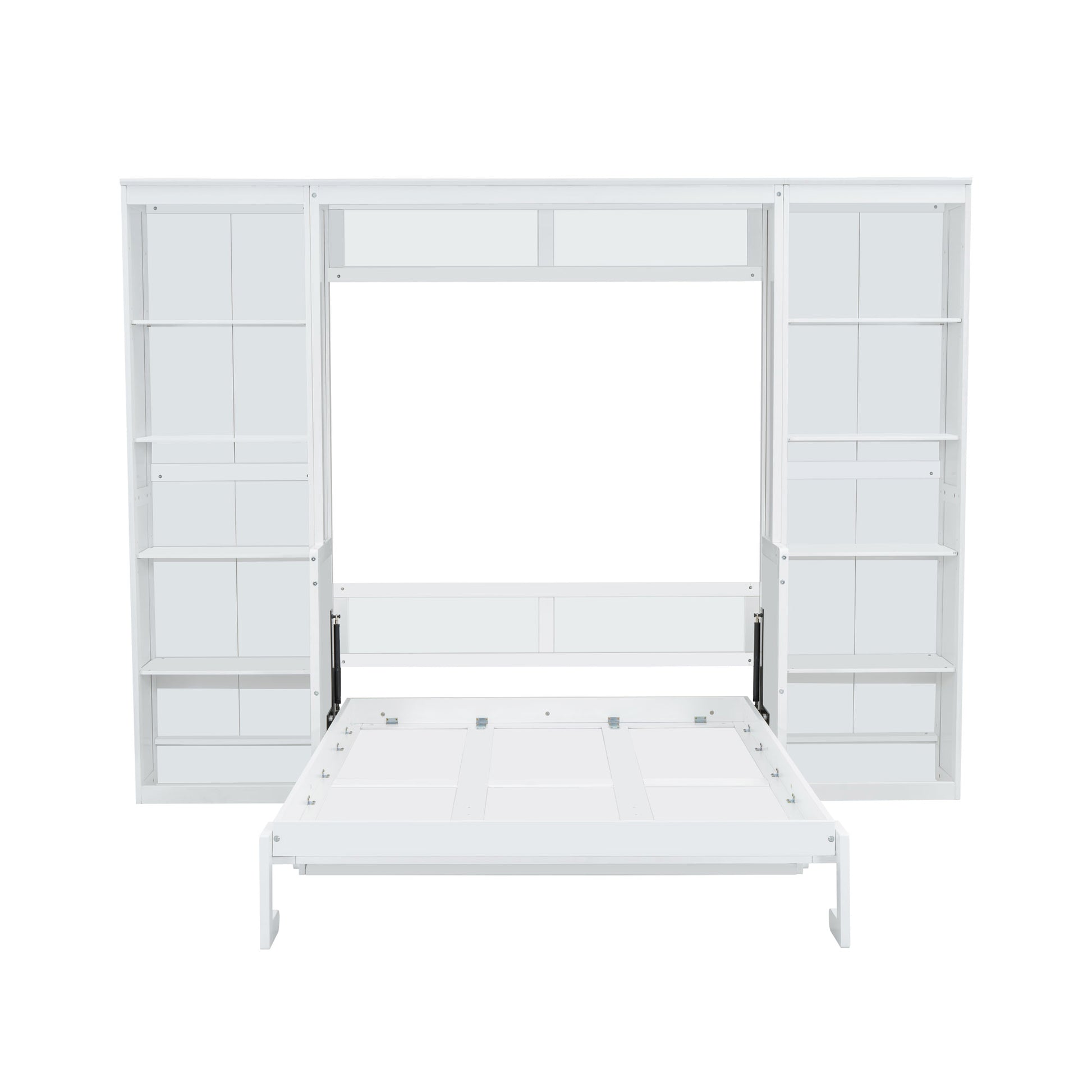 White Murphy bed with open shelving