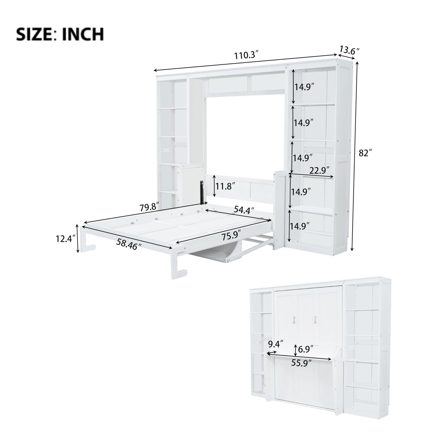 White murphy bed with open shelving and folded bed dimensions shown