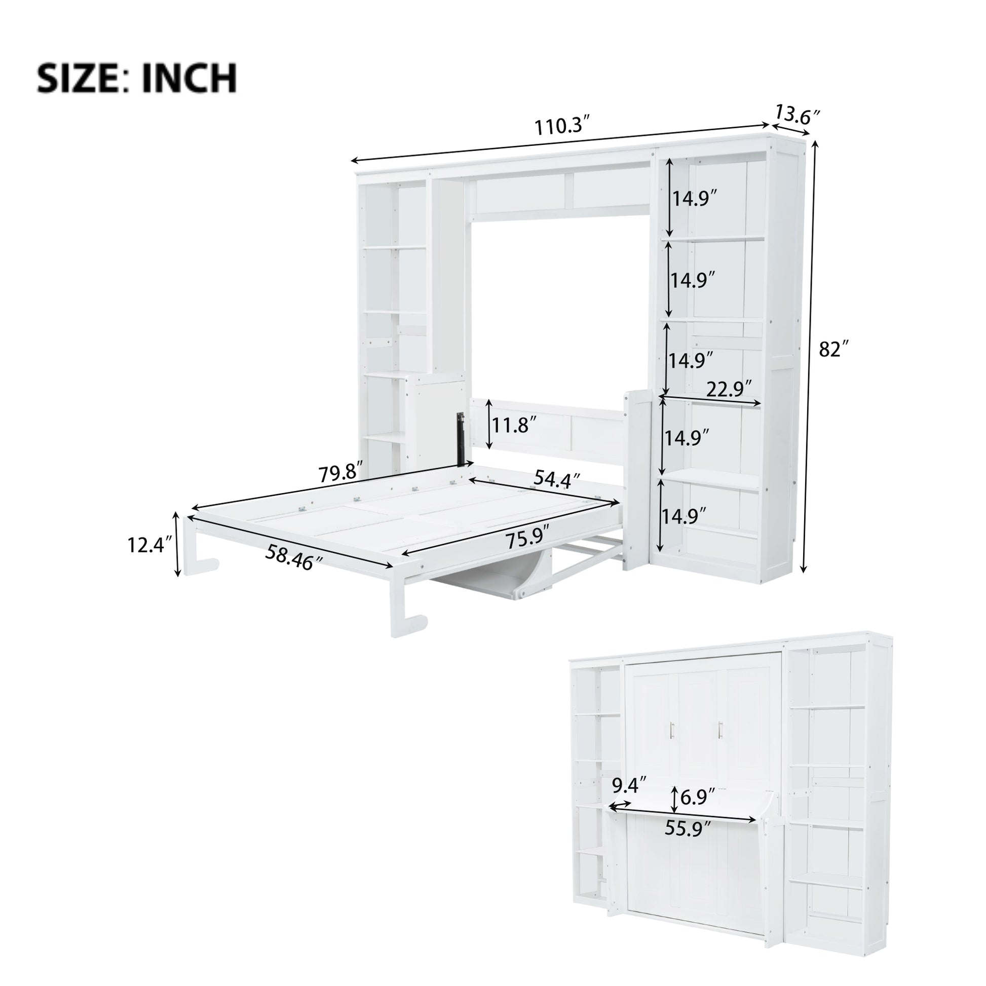 White murphy bed with open shelving and folded bed dimensions shown