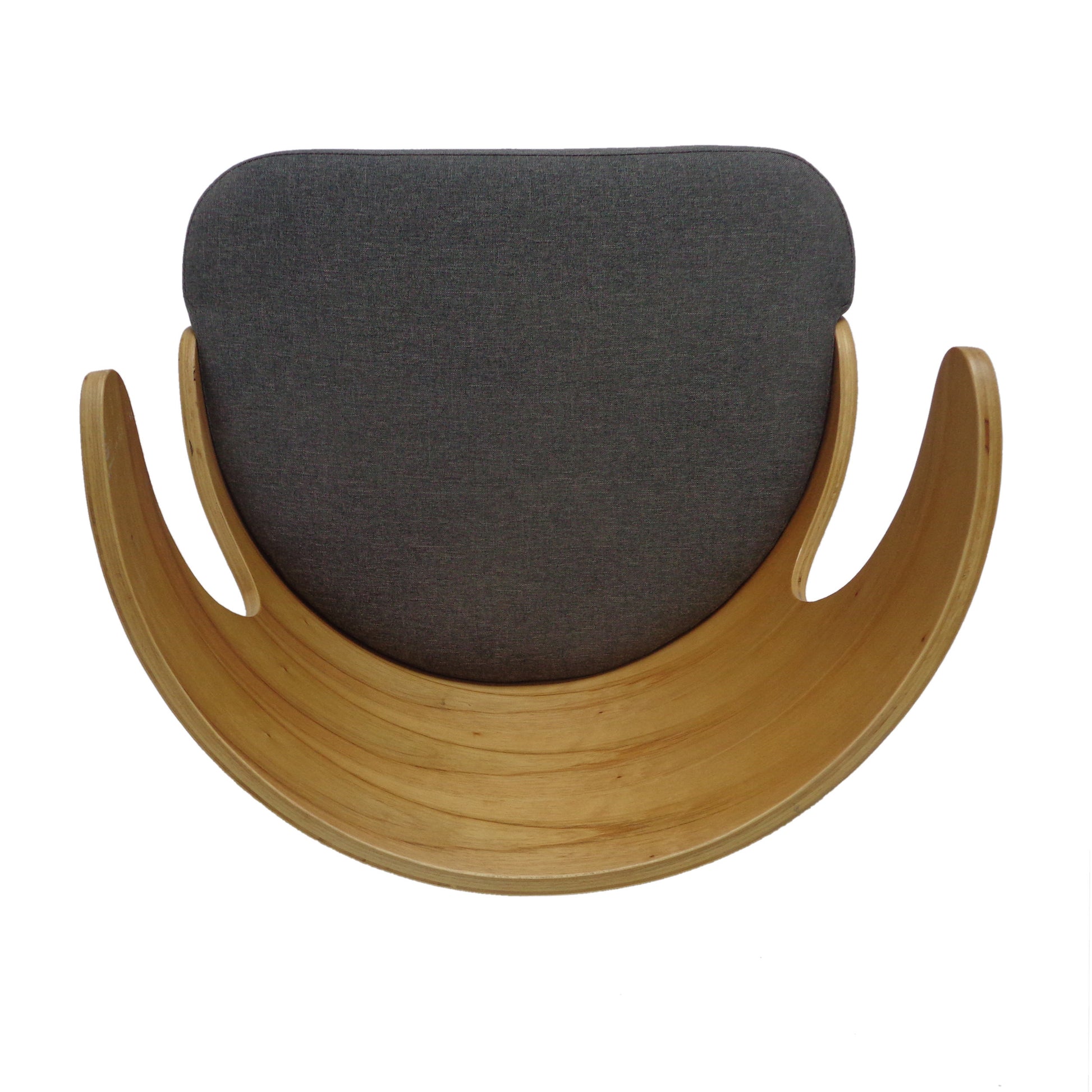 Modern rocking chair with curved natural wood base and dark gray upholstered seat