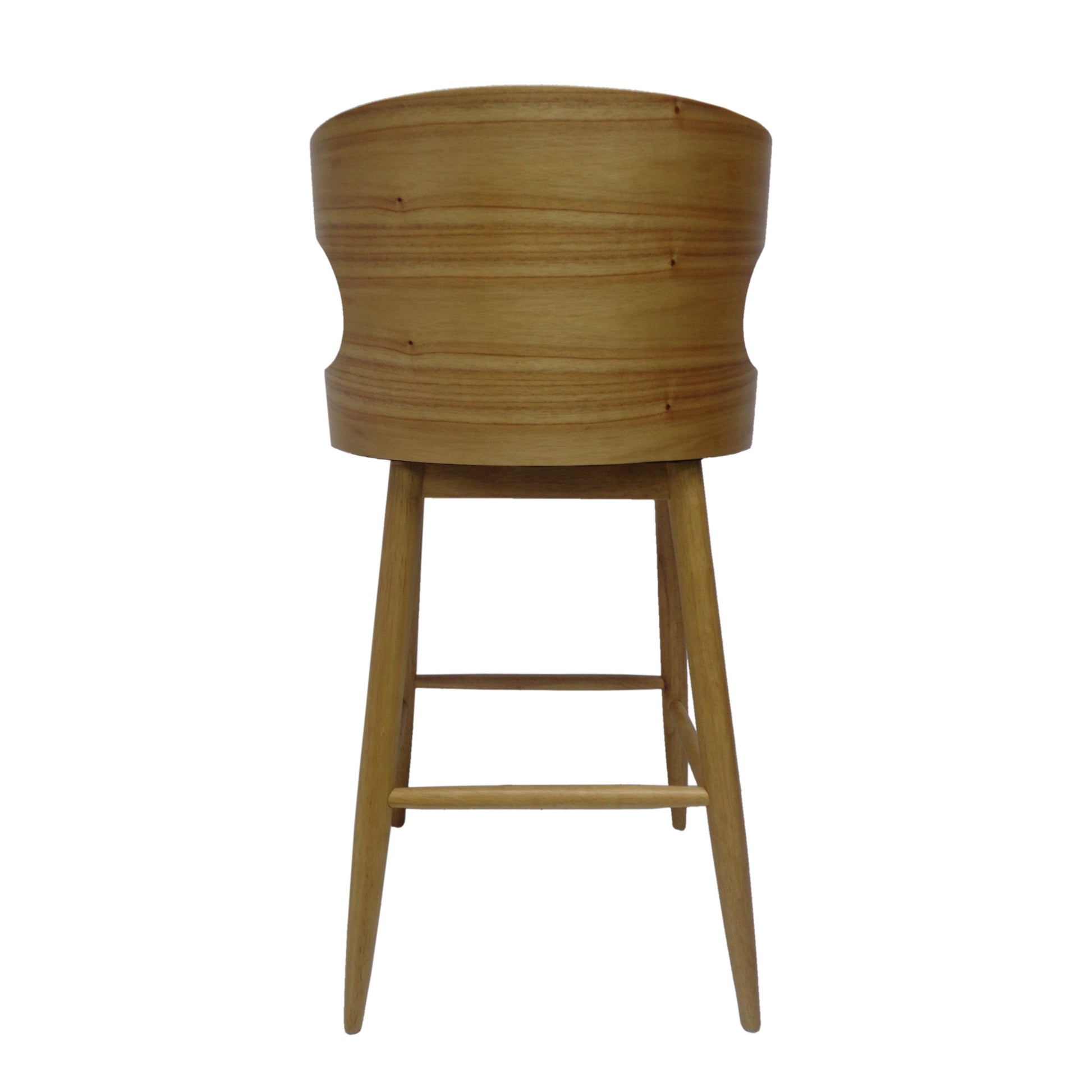 Curved back wooden bar stool with tapered legs