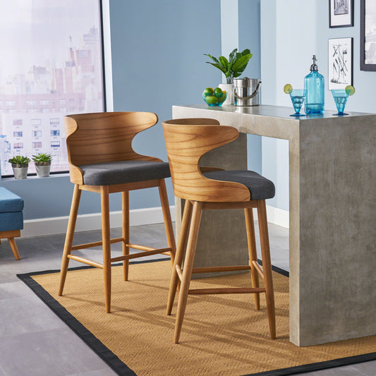 Midcentury modern wood bar stool with curved back and gray seat