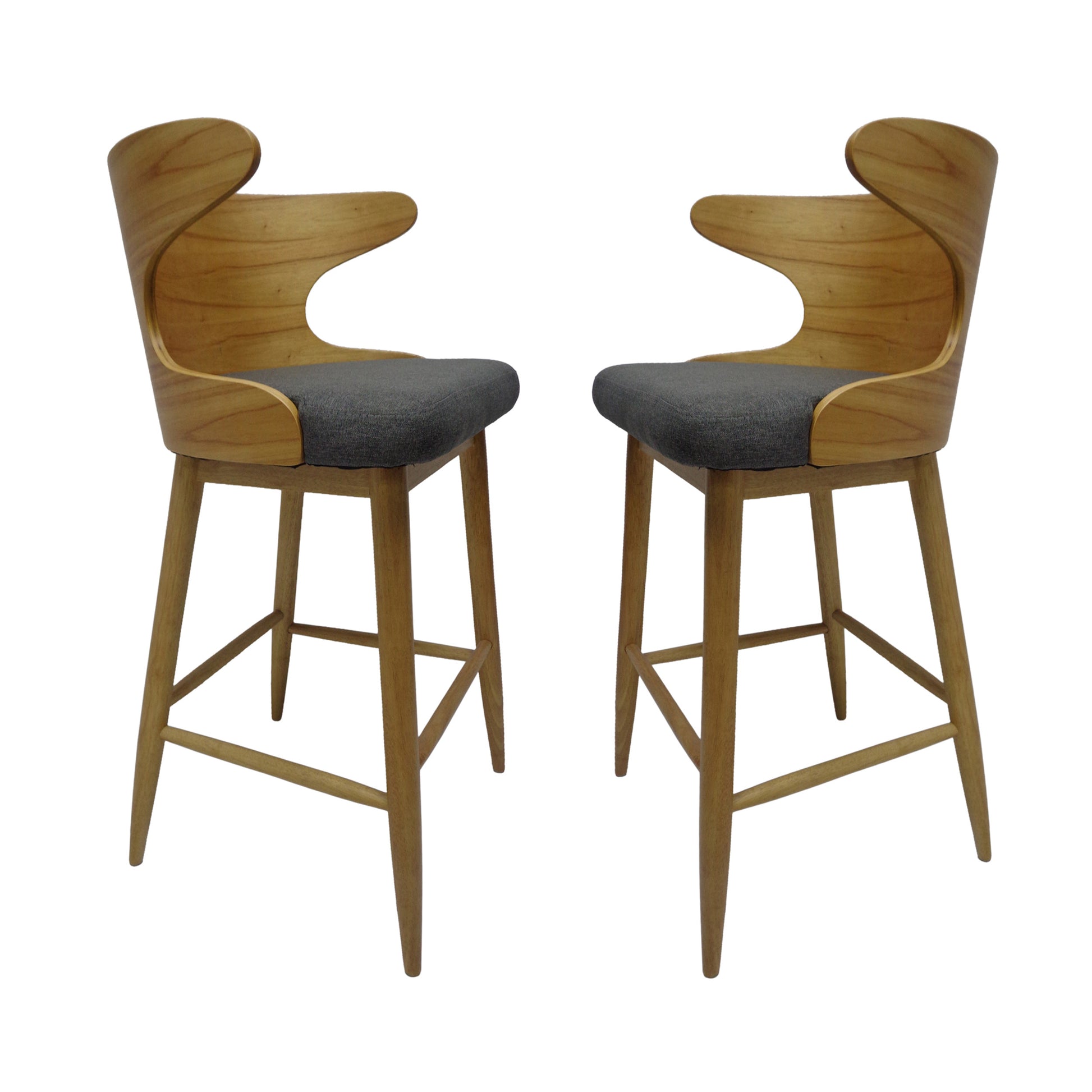 Wooden curved back bar stool with grey upholstered seat