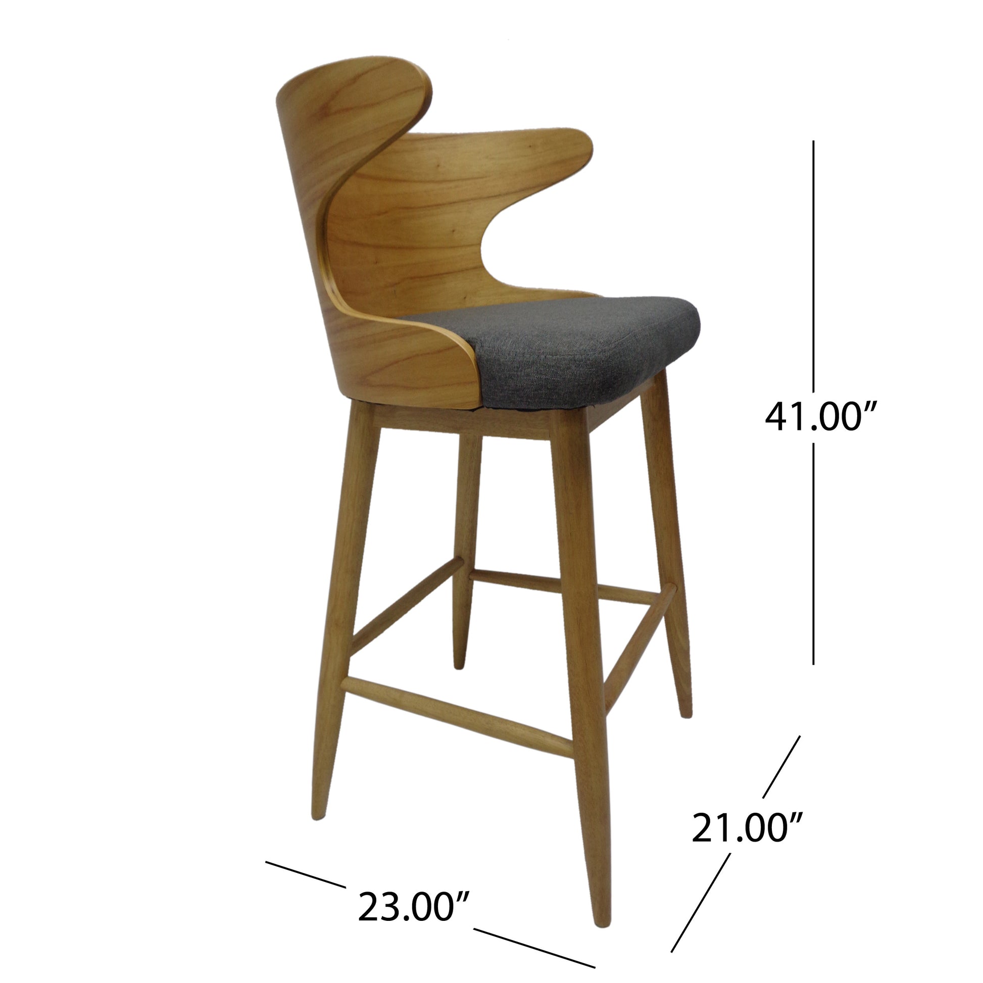 Natural wood curved back bar stool with grey upholstered seat