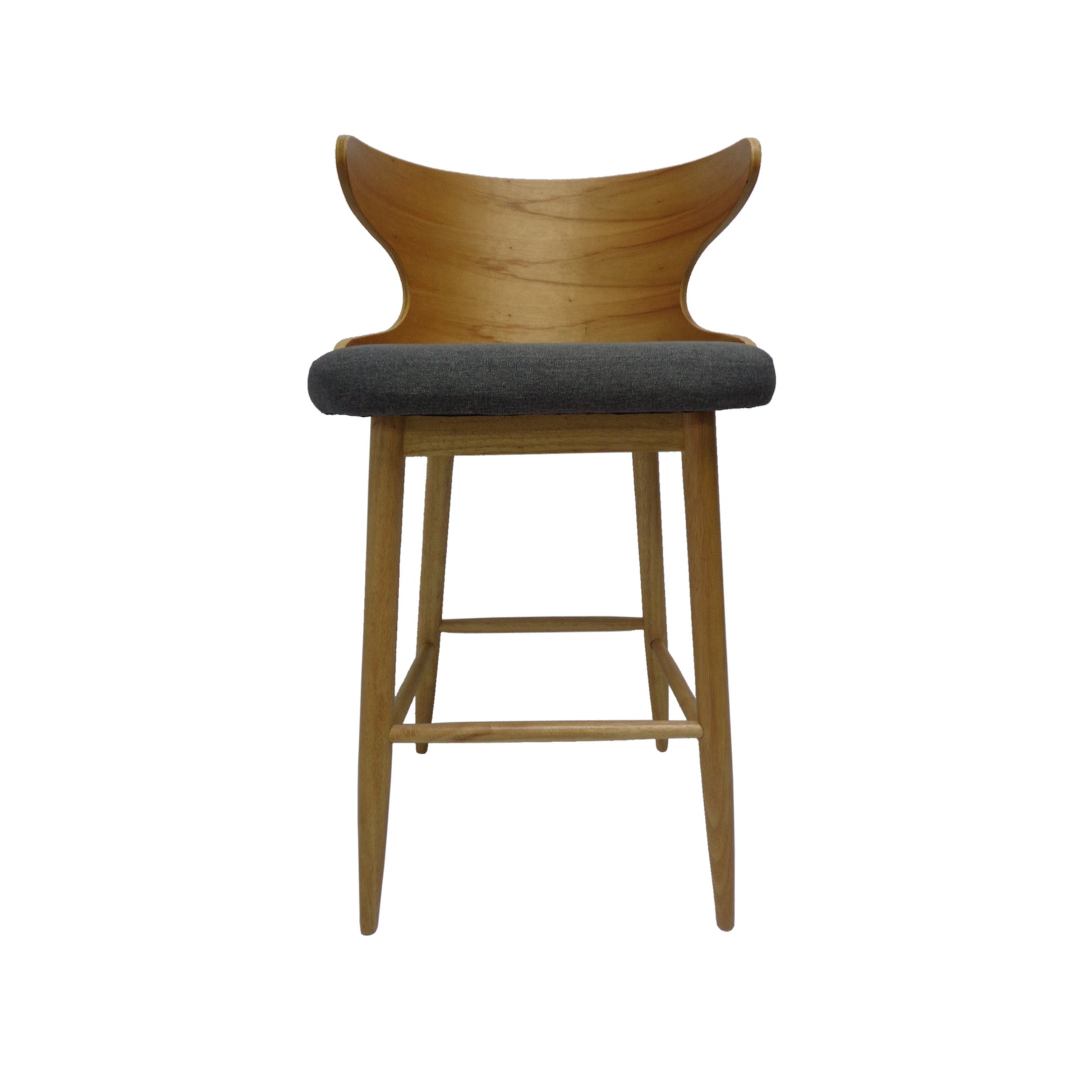 Wooden bar stool with grey fabric seat and curved back
