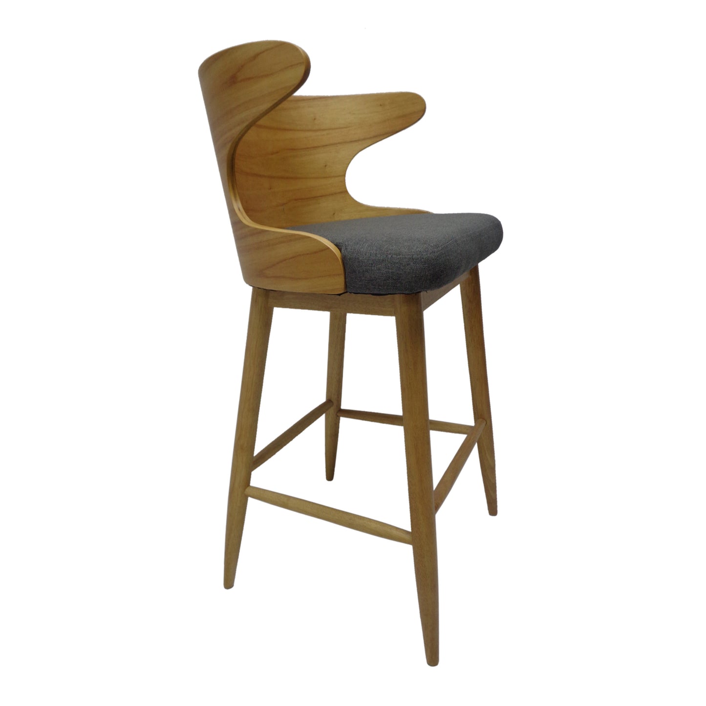 Curved light wood modern bar stool with grey fabric seat