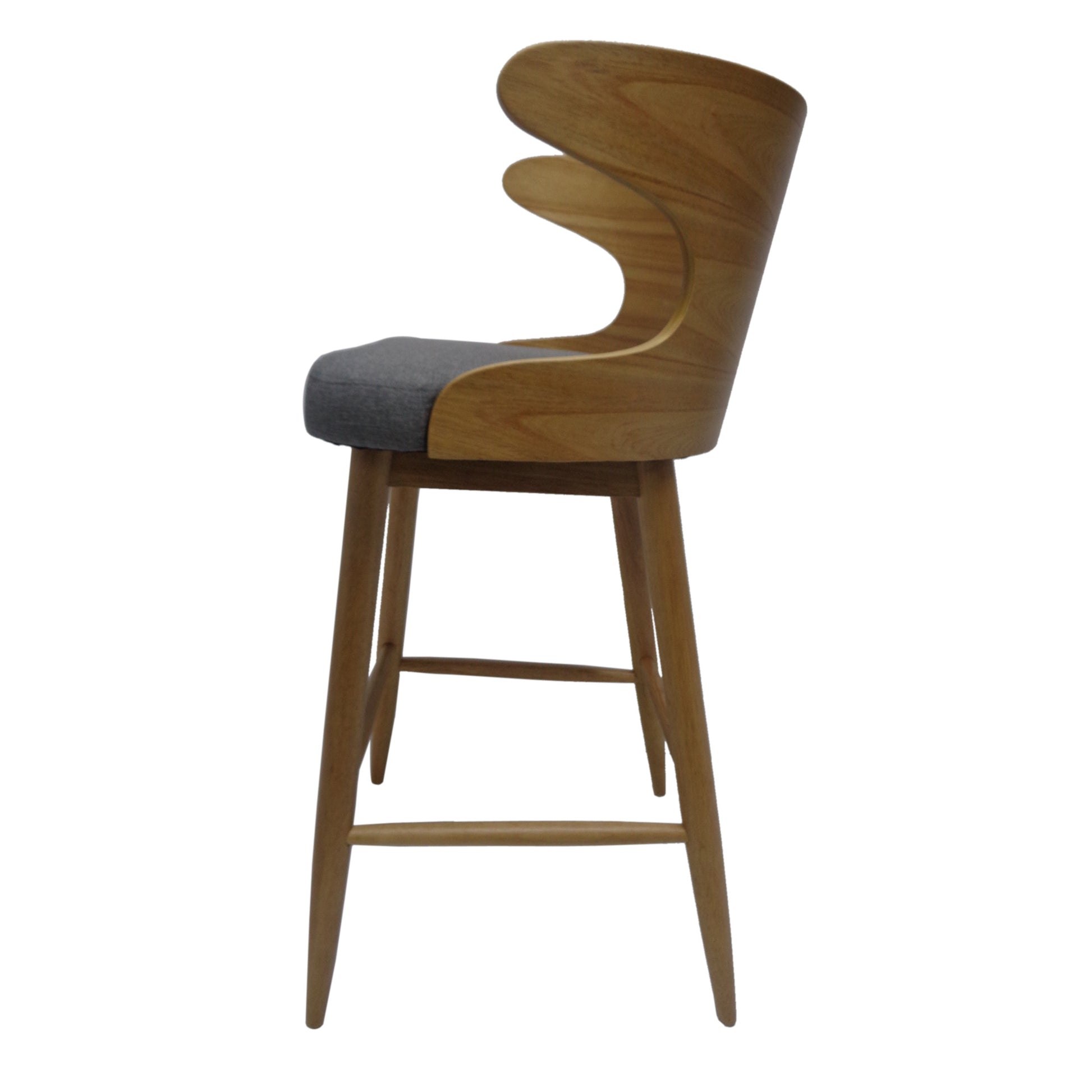 Wooden bar stool with grey upholstered seat and curved backrest