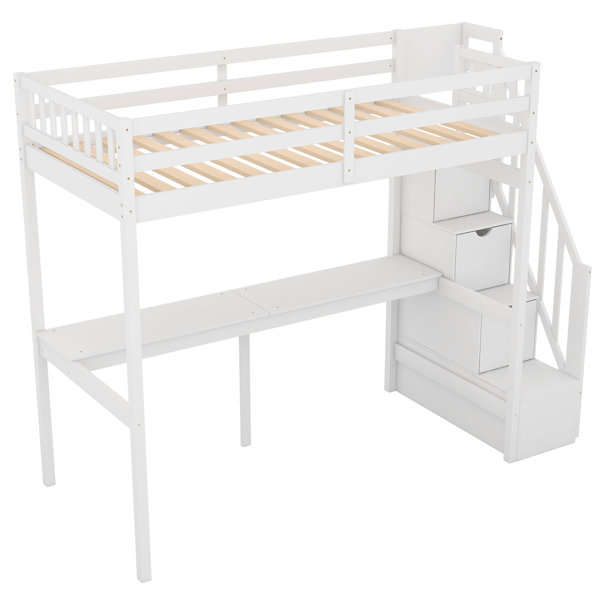 White wooden loft bed with integrated desk and storage stairs