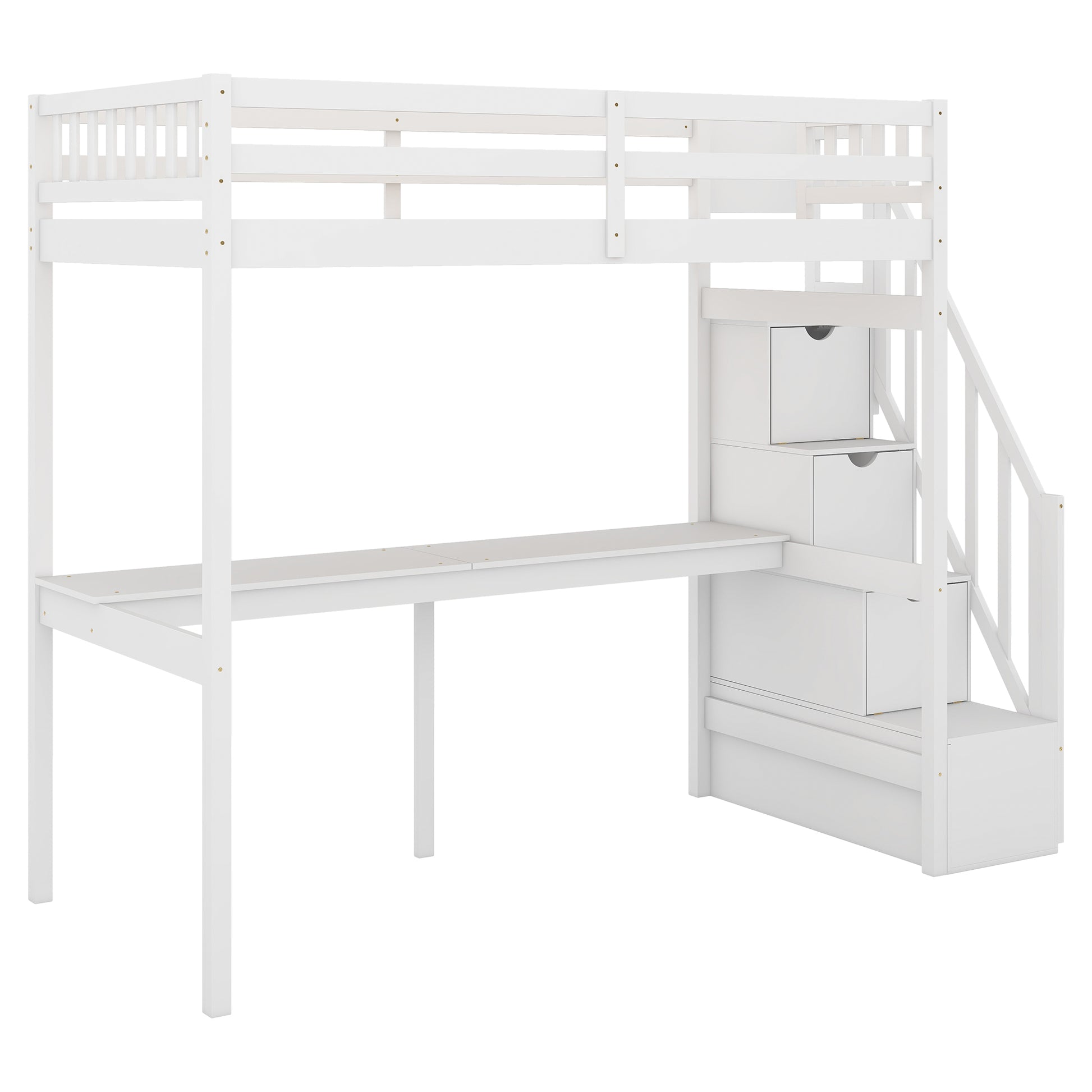 White wooden loft bed with integrated desk and stair drawers