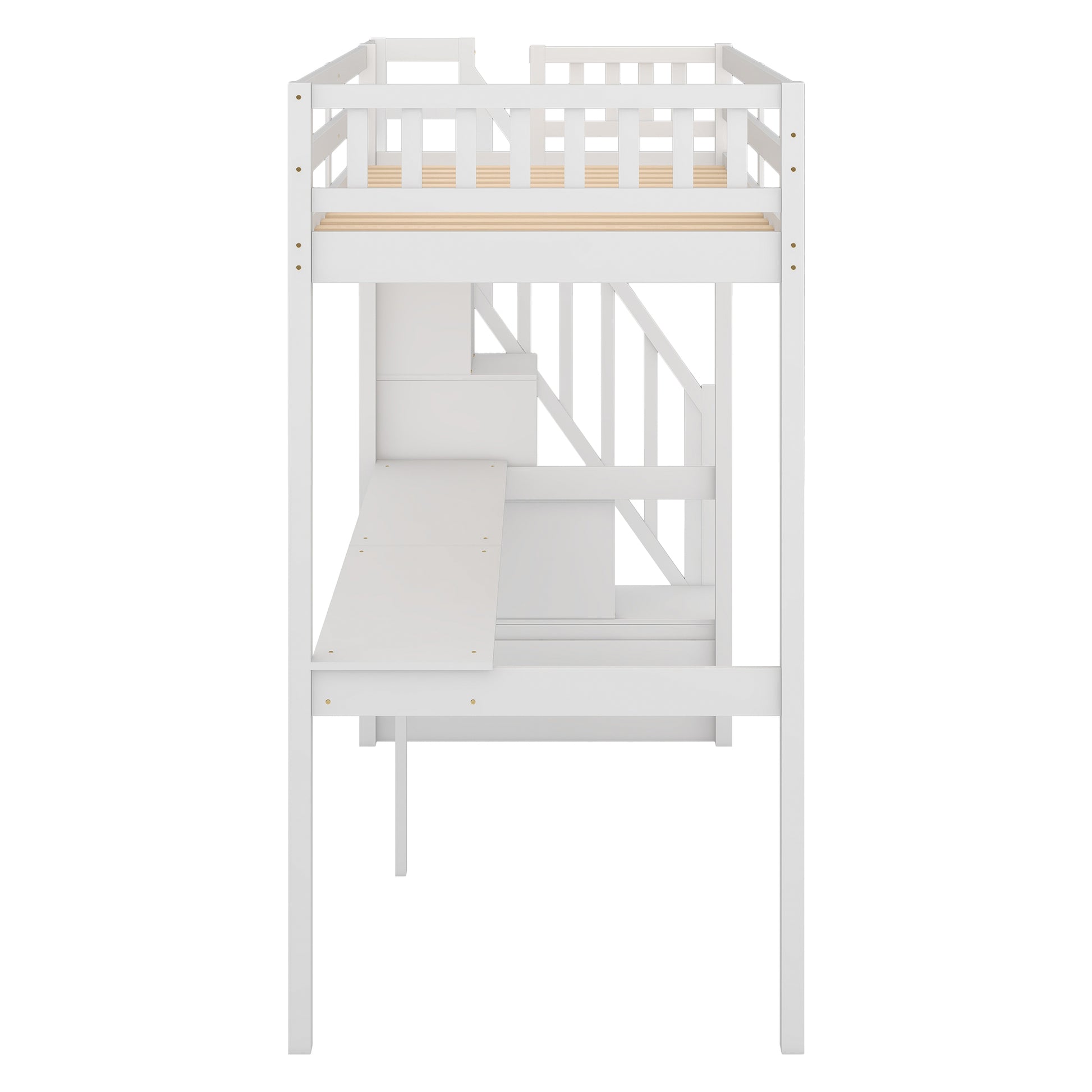 White wooden loft bed with integrated desk and stairs
