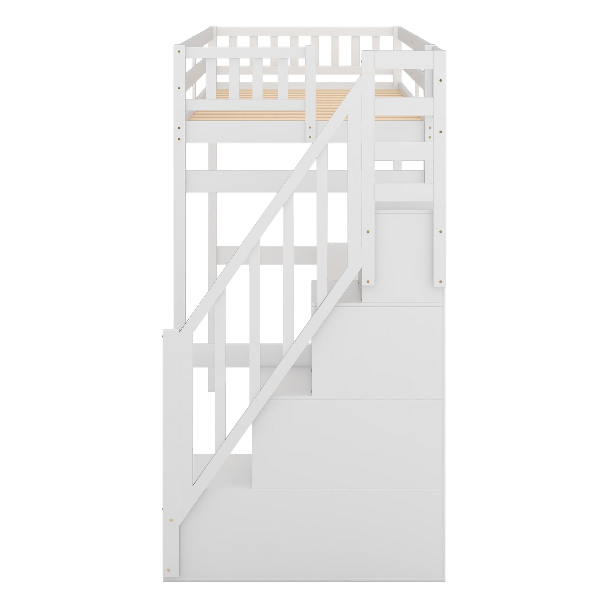 White loft bed with stairs and storage drawers